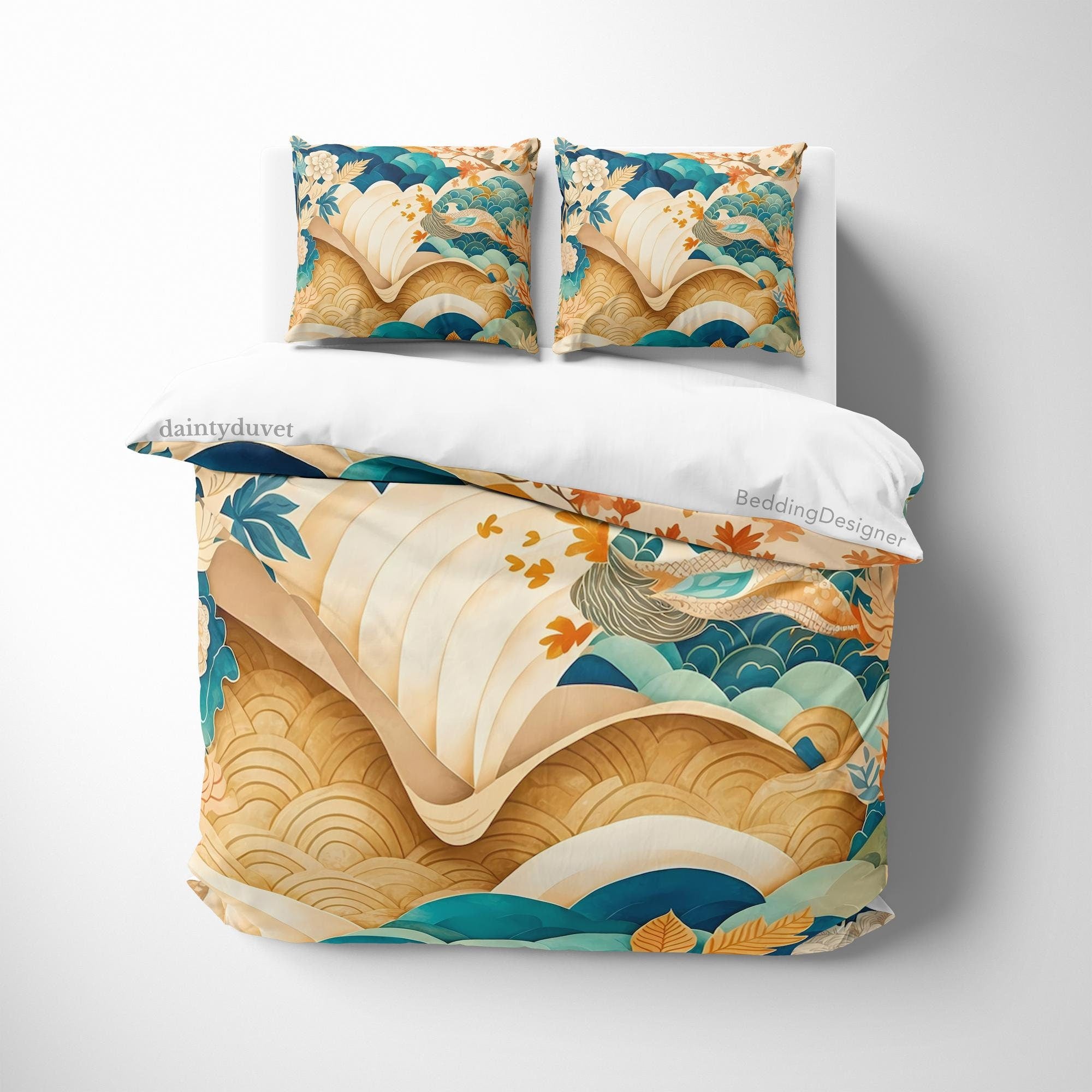 BeddingDesigner - Oriental Pattern Duvet Cover Japanese Art Quilt Cover, Great Wave Bedding Set Beige Bedspread, Zen Vibe Blanket Cover Teens Room Bed Cover