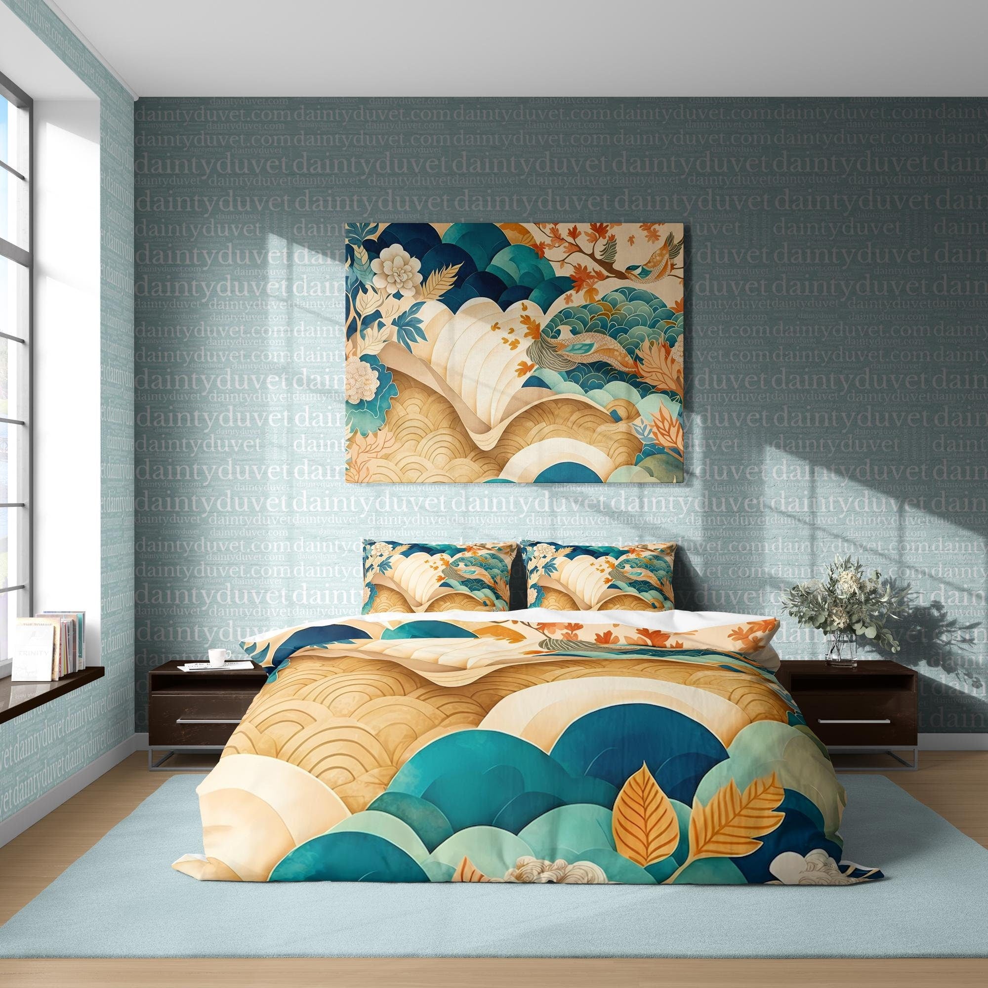 BeddingDesigner - Oriental Pattern Duvet Cover Japanese Art Quilt Cover, Great Wave Bedding Set Beige Bedspread, Zen Vibe Blanket Cover Teens Room Bed Cover