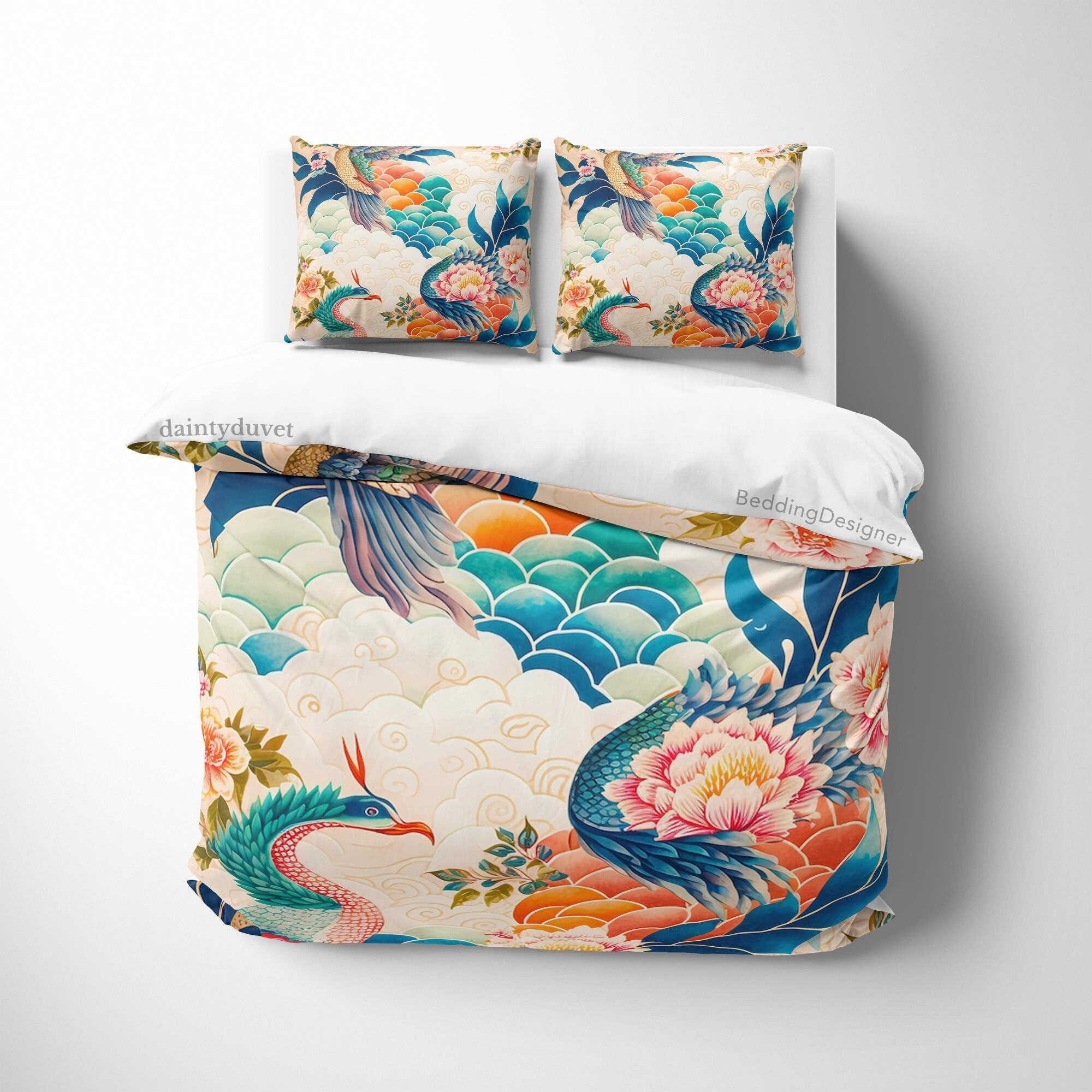 BeddingDesigner - Basan Quilt Cover Japanese Mythical Bird Duvet Cover, Colorful Bedding Set Oriental Pattern Bedspread, Teens Bedroom Blanket Cover