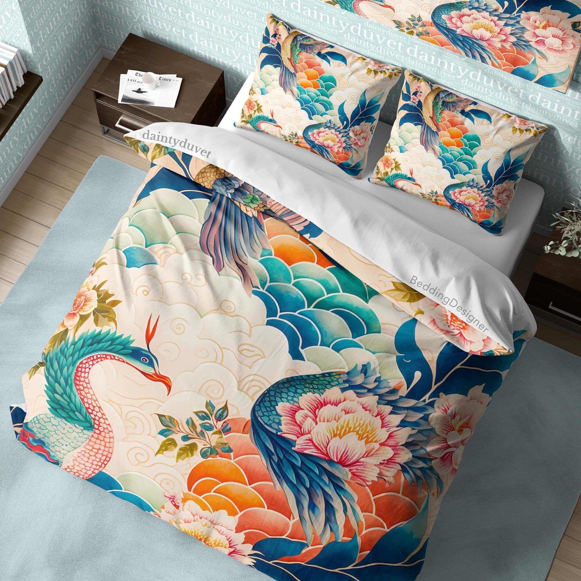 BeddingDesigner - Basan Quilt Cover Japanese Mythical Bird Duvet Cover, Colorful Bedding Set Oriental Pattern Bedspread, Teens Bedroom Blanket Cover