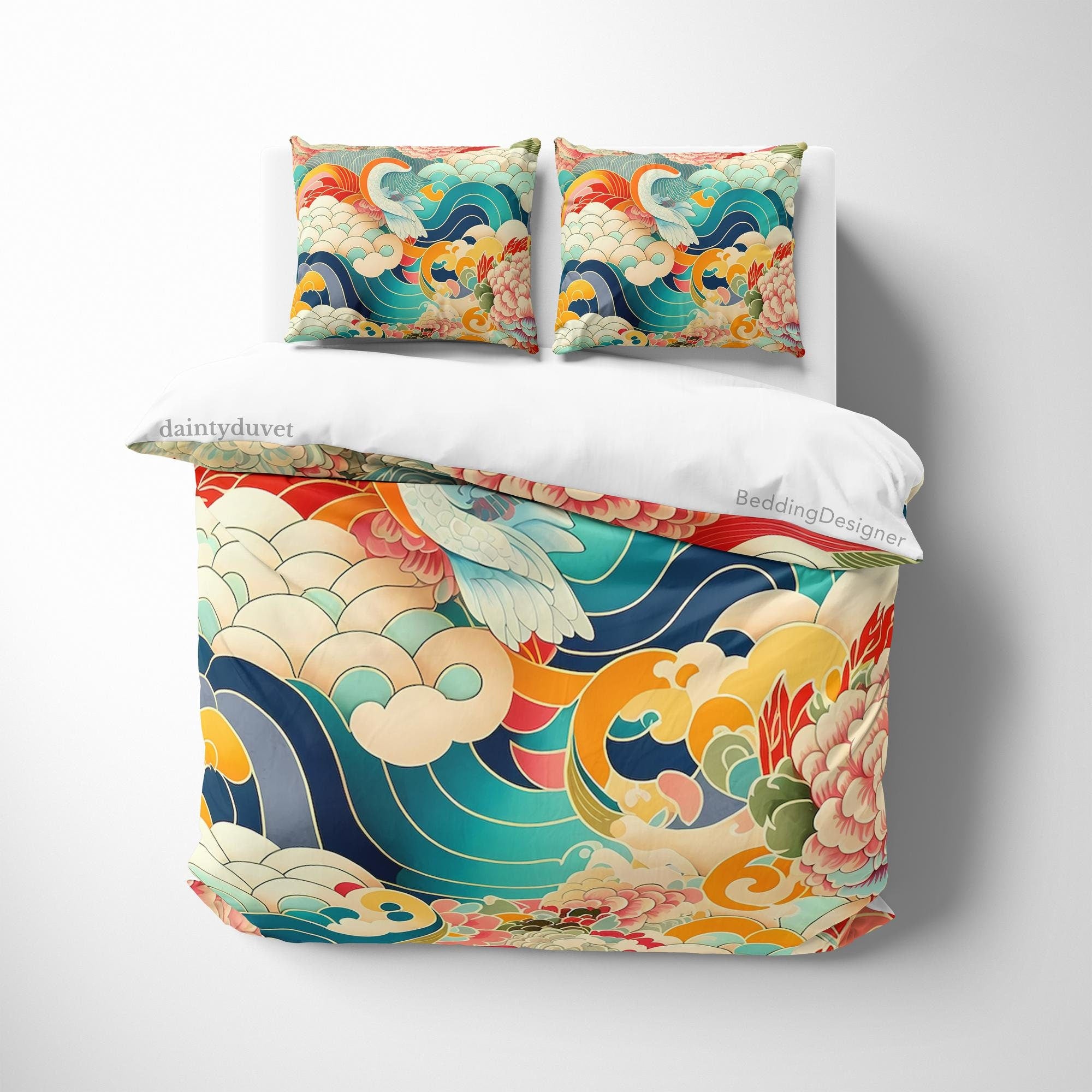 BeddingDesigner - Great Wave Duvet Cover Japanese Flower Quilt Cover, Chrysanthemum Bedding Set Colorful Blanket Cover, Unique Bedspread Adults Bed Cover