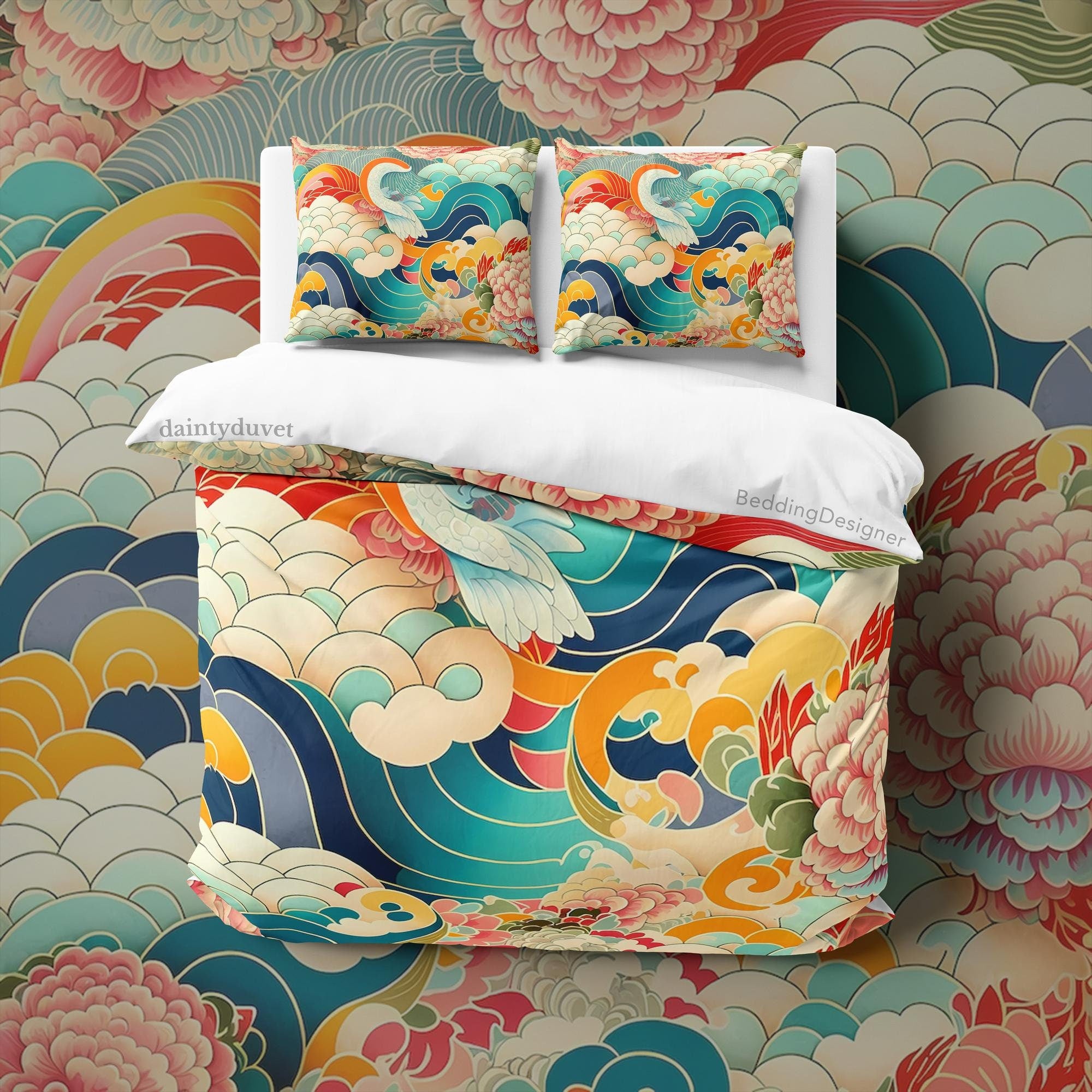 BeddingDesigner - Great Wave Duvet Cover Japanese Flower Quilt Cover, Chrysanthemum Bedding Set Colorful Blanket Cover, Unique Bedspread Adults Bed Cover