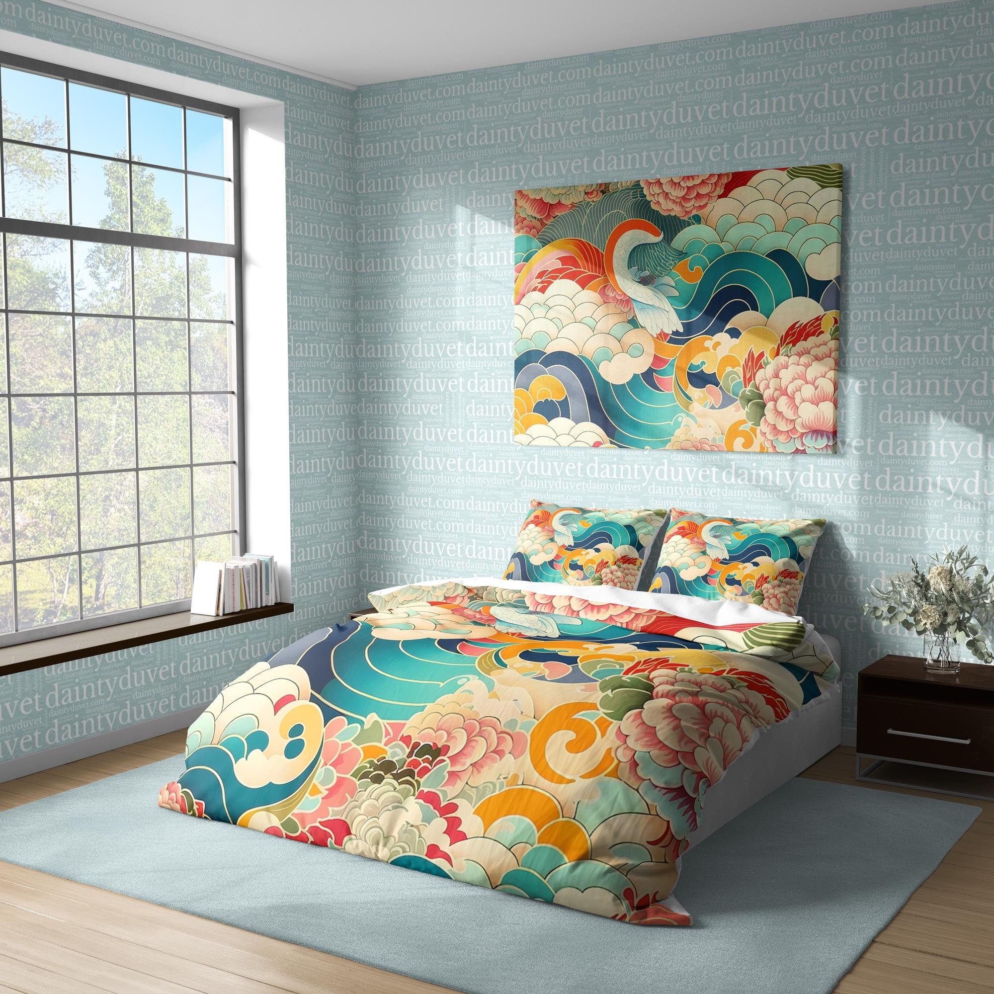 BeddingDesigner - Great Wave Duvet Cover Japanese Flower Quilt Cover, Chrysanthemum Bedding Set Colorful Blanket Cover, Unique Bedspread Adults Bed Cover