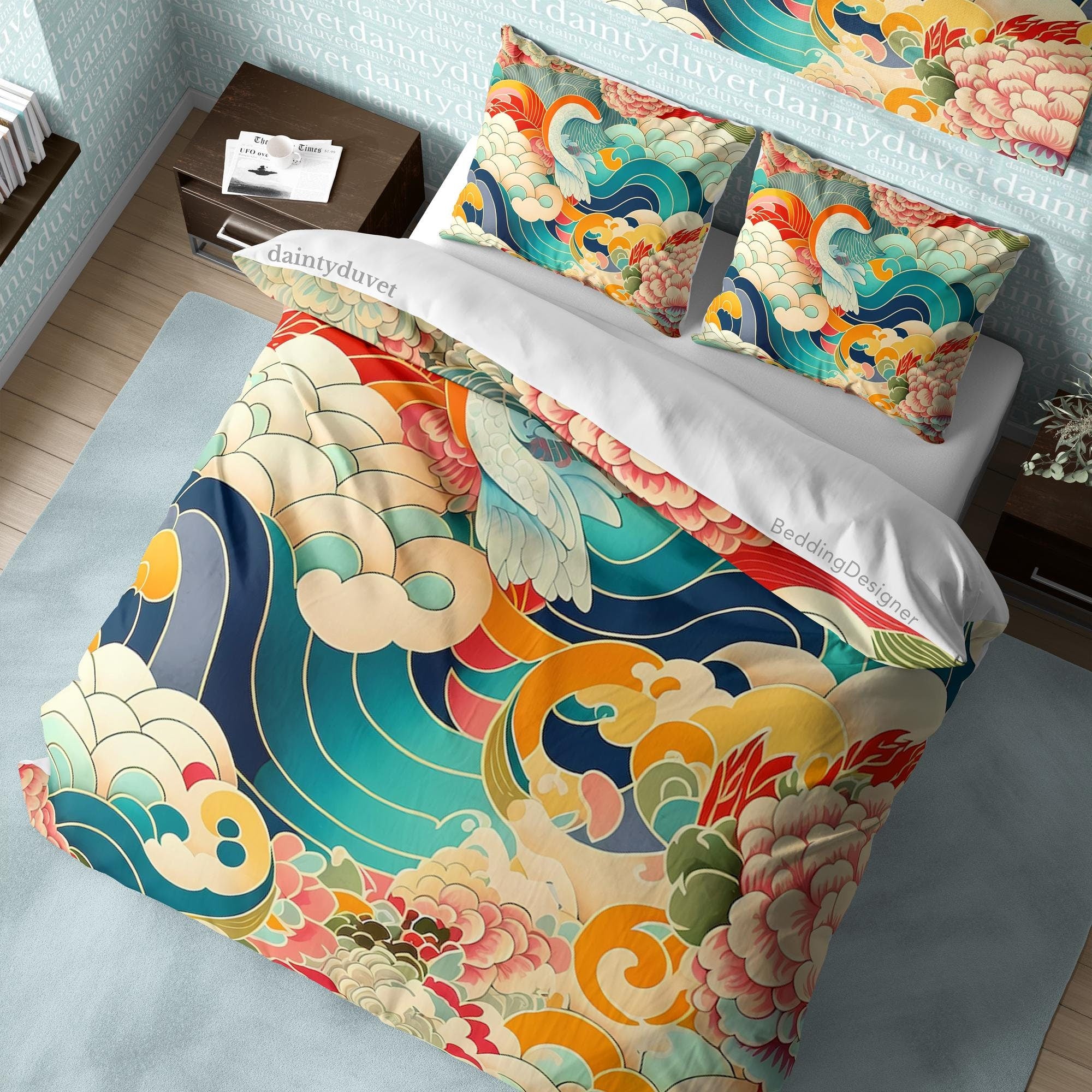 BeddingDesigner - Great Wave Duvet Cover Japanese Flower Quilt Cover, Chrysanthemum Bedding Set Colorful Blanket Cover, Unique Bedspread Adults Bed Cover