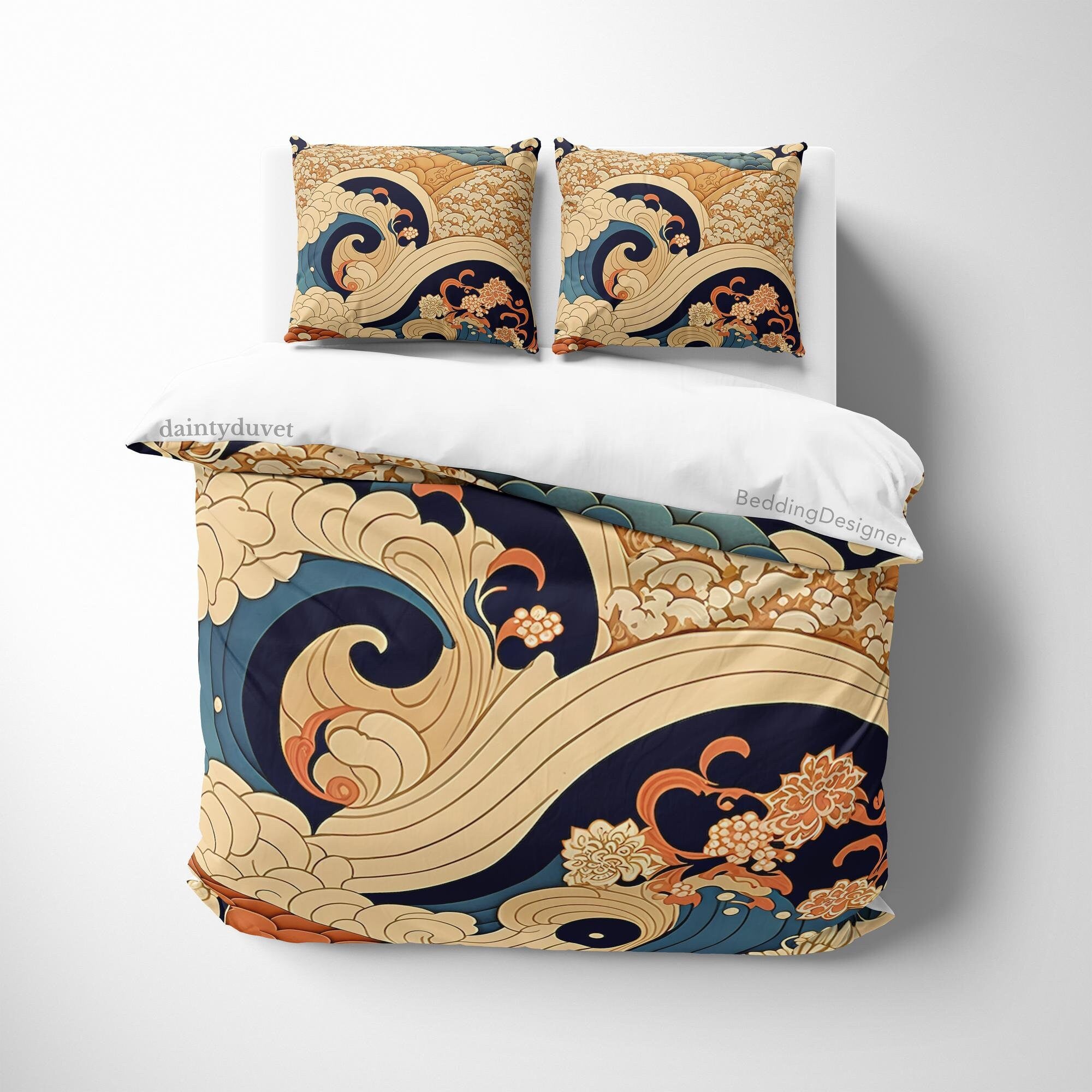 BeddingDesigner - Great Wave Of Kanagawa Quilt Cover Japanese Bedding Set, Cotton Duvet Cover Colorful Bedspread, Teens Bedroom Blanket Cover