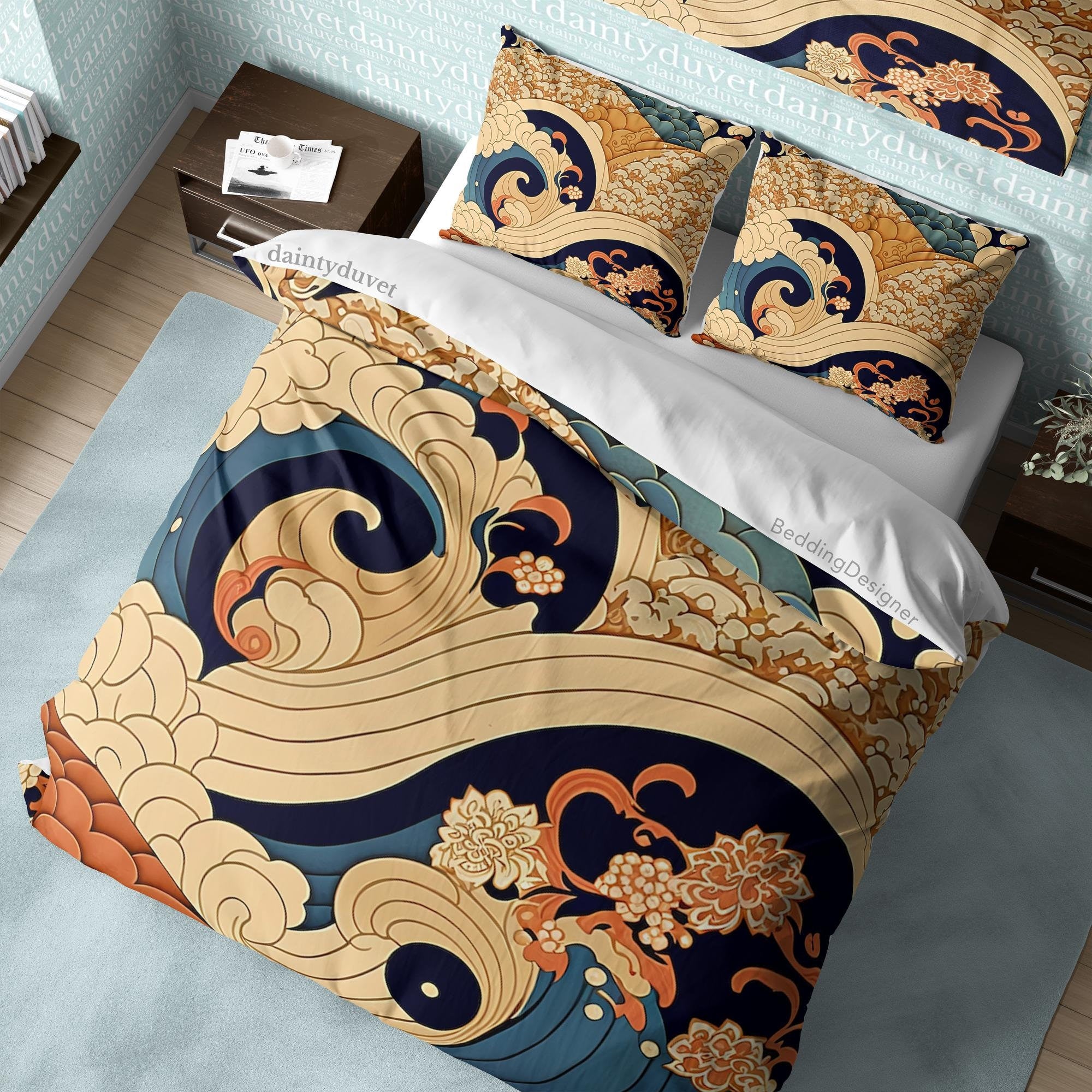 BeddingDesigner - Great Wave Of Kanagawa Quilt Cover Japanese Bedding Set, Cotton Duvet Cover Colorful Bedspread, Teens Bedroom Blanket Cover