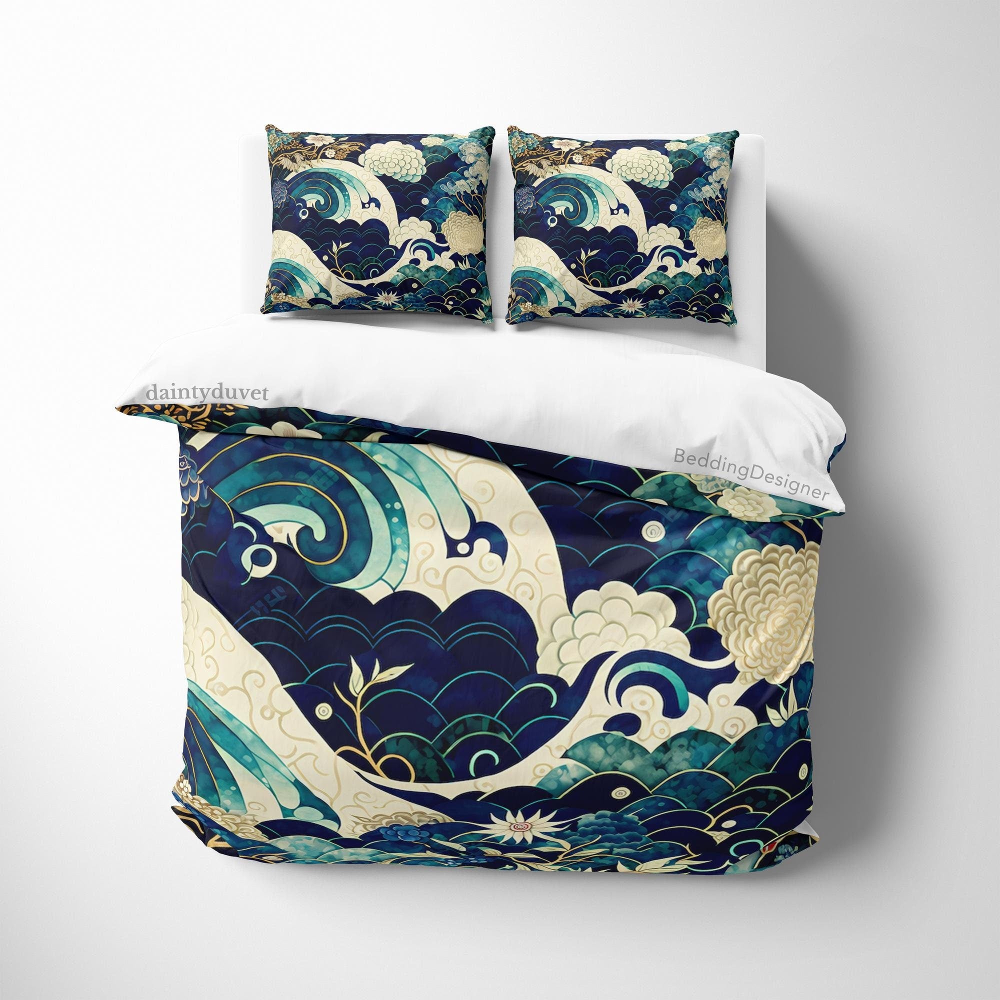 BeddingDesigner - Kanagawa Great Wave Duvet Cover Japanese Pattern Bedding Set, Cotton Duvet Cover Oriental Pattern Blanket Cover, Adults Room Bed Cover