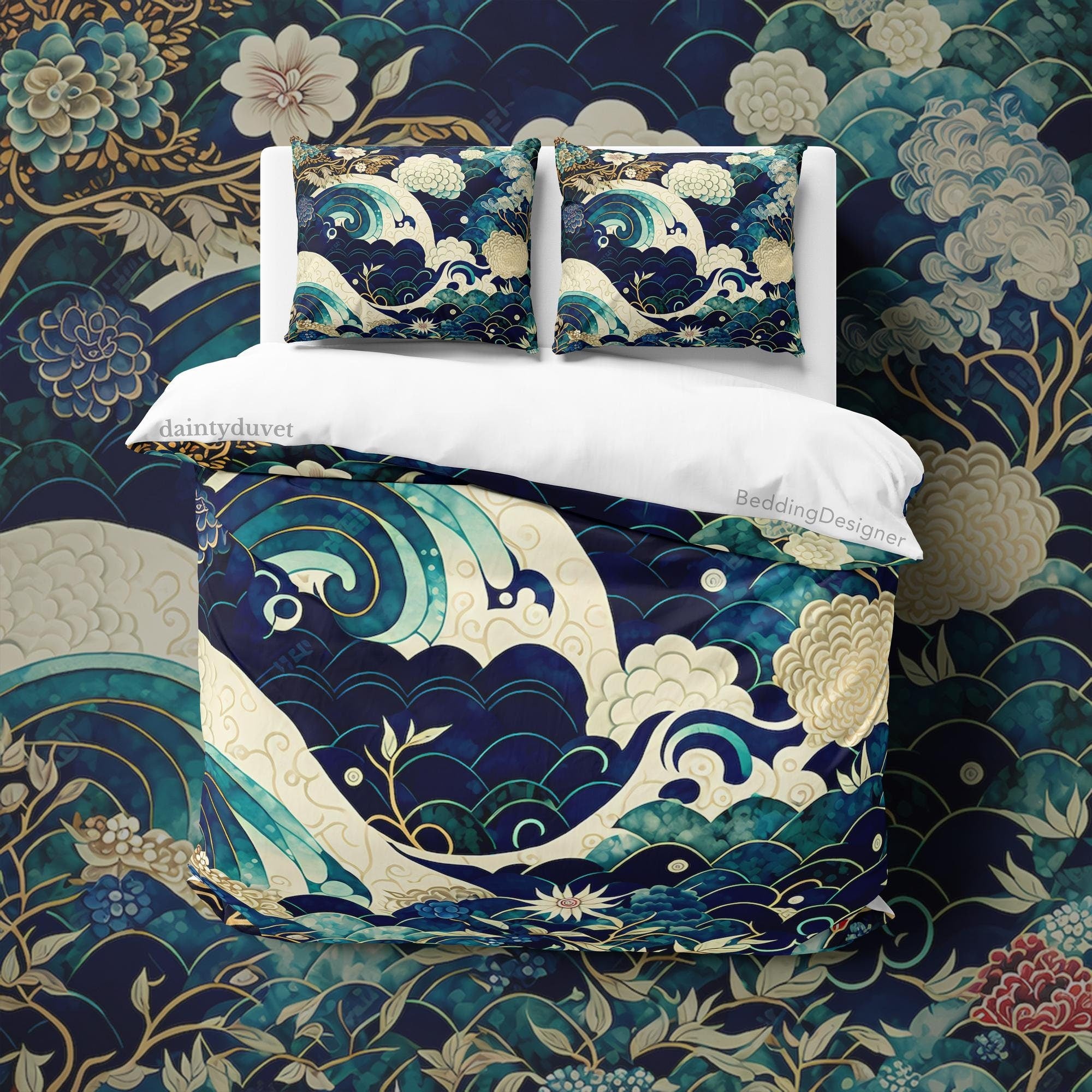 BeddingDesigner - Kanagawa Great Wave Duvet Cover Japanese Pattern Bedding Set, Cotton Duvet Cover Oriental Pattern Blanket Cover, Adults Room Bed Cover