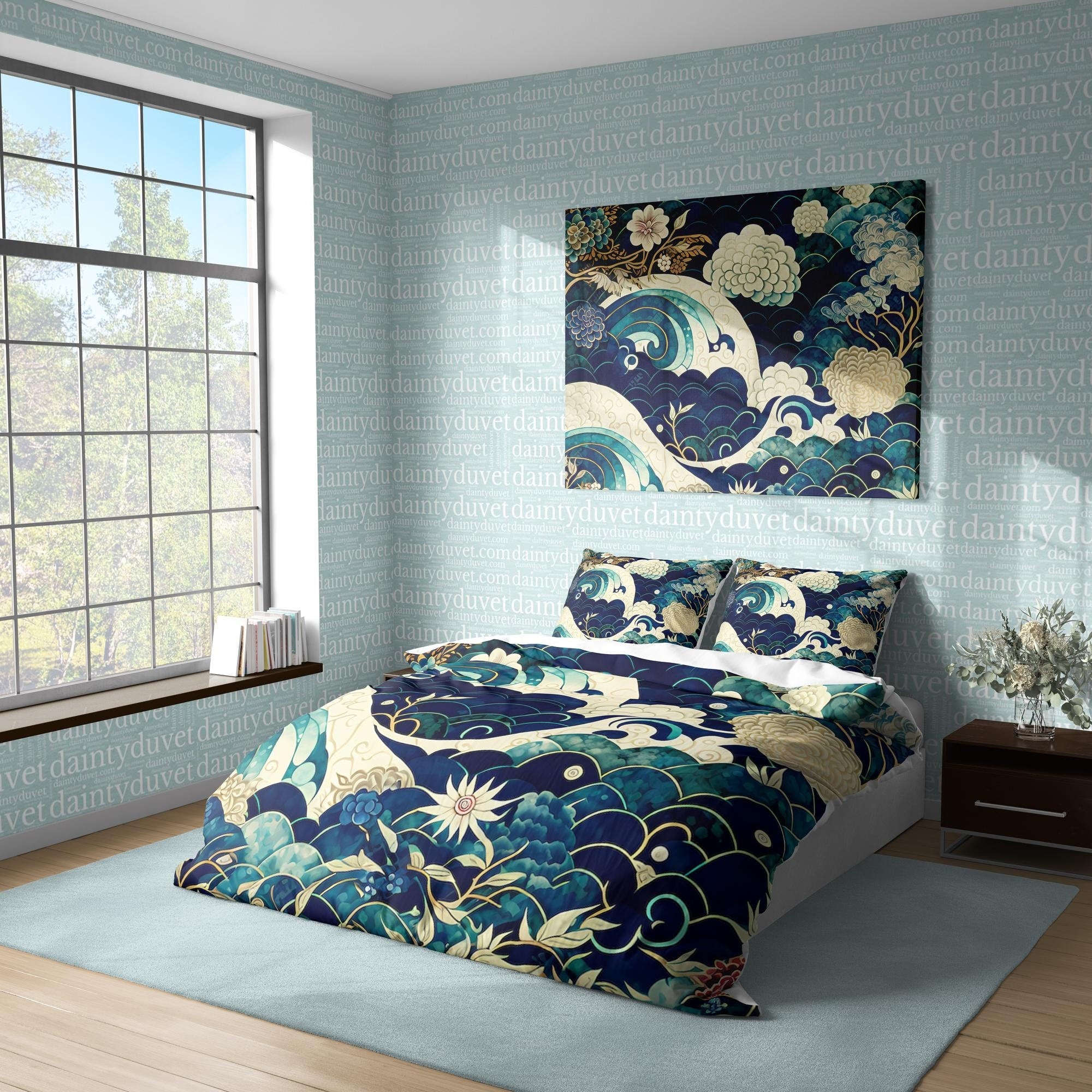 BeddingDesigner - Kanagawa Great Wave Duvet Cover Japanese Pattern Bedding Set, Cotton Duvet Cover Oriental Pattern Blanket Cover, Adults Room Bed Cover