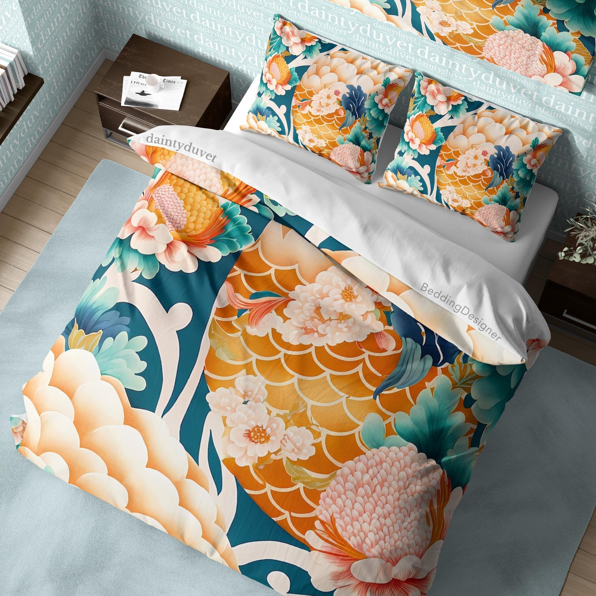 BeddingDesigner - Orange Koi Fish Quilt Cover Oriental Pattern Quilt Cover, Fish Scale Bedding Set Japanese Pattern Blanket Cover, Girly Bed Cover