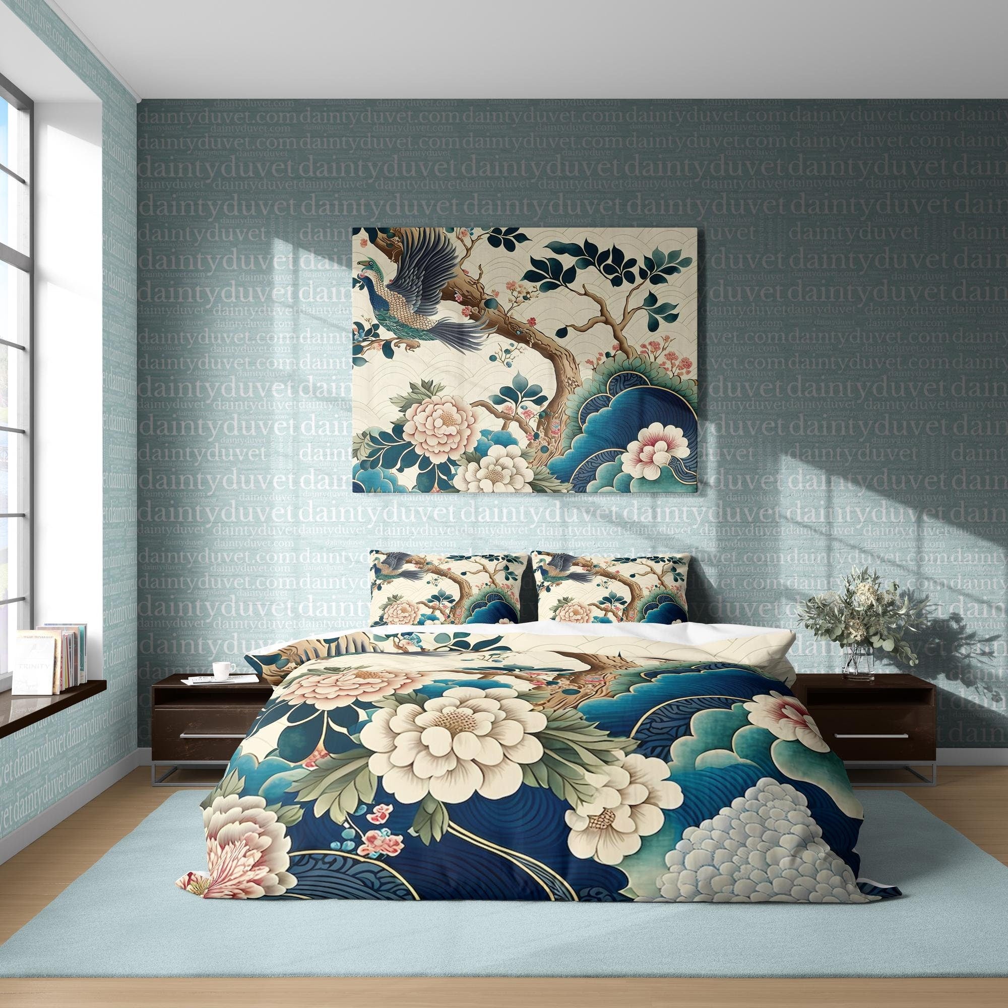 BeddingDesigner - Camellia Duvet Cover Chrysanthemum Quilt Cover, Cherry Blossom Bedding Set Japanese Pattern Blanket Cover, Sakura Tree Bedspread