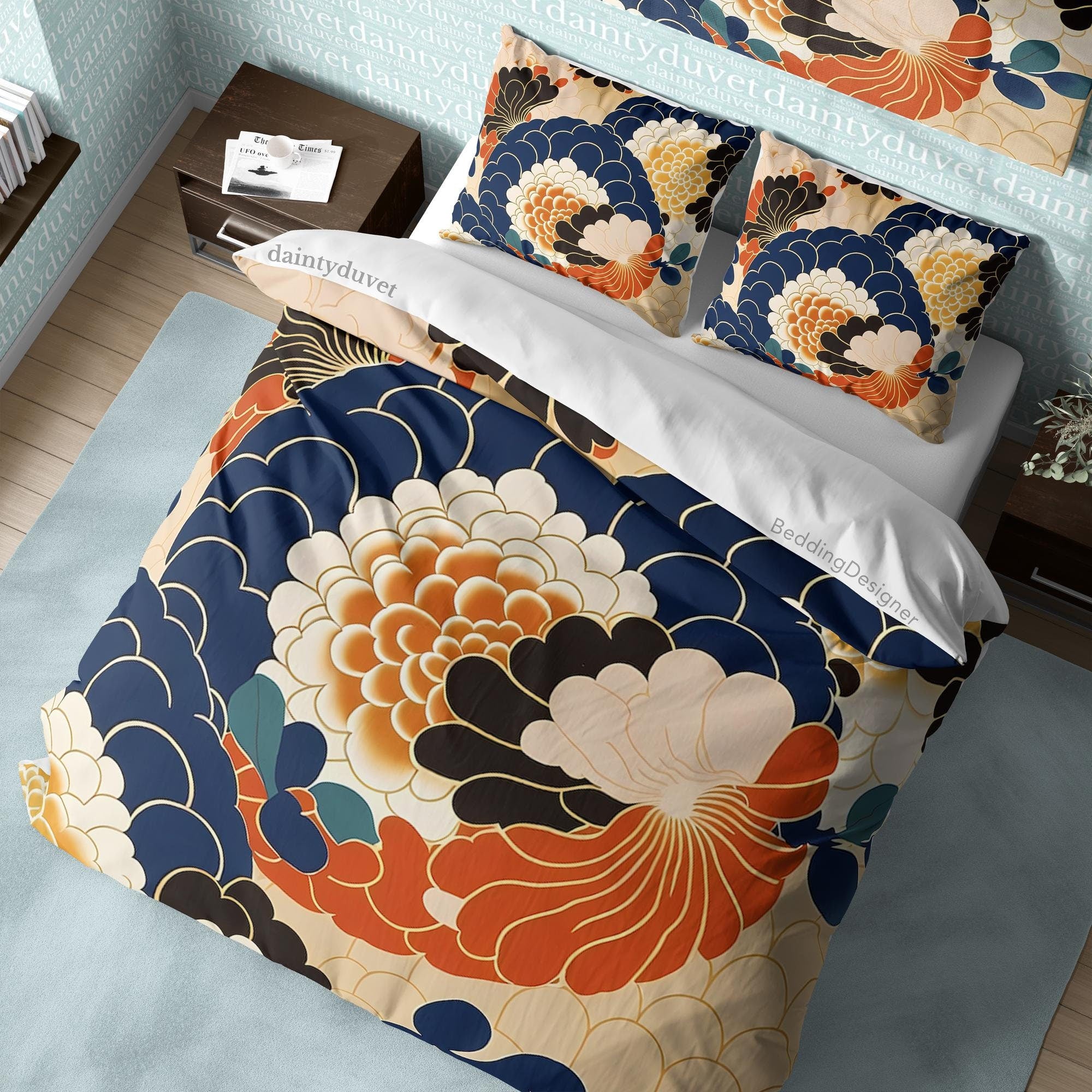 BeddingDesigner - Blue Japanese Pattern Duvet Cover Chrysanthemum Flower Quilt Cover, Colorful Bedding Set Teens Room Blanket Cover, Adults Bedroom Bedspread