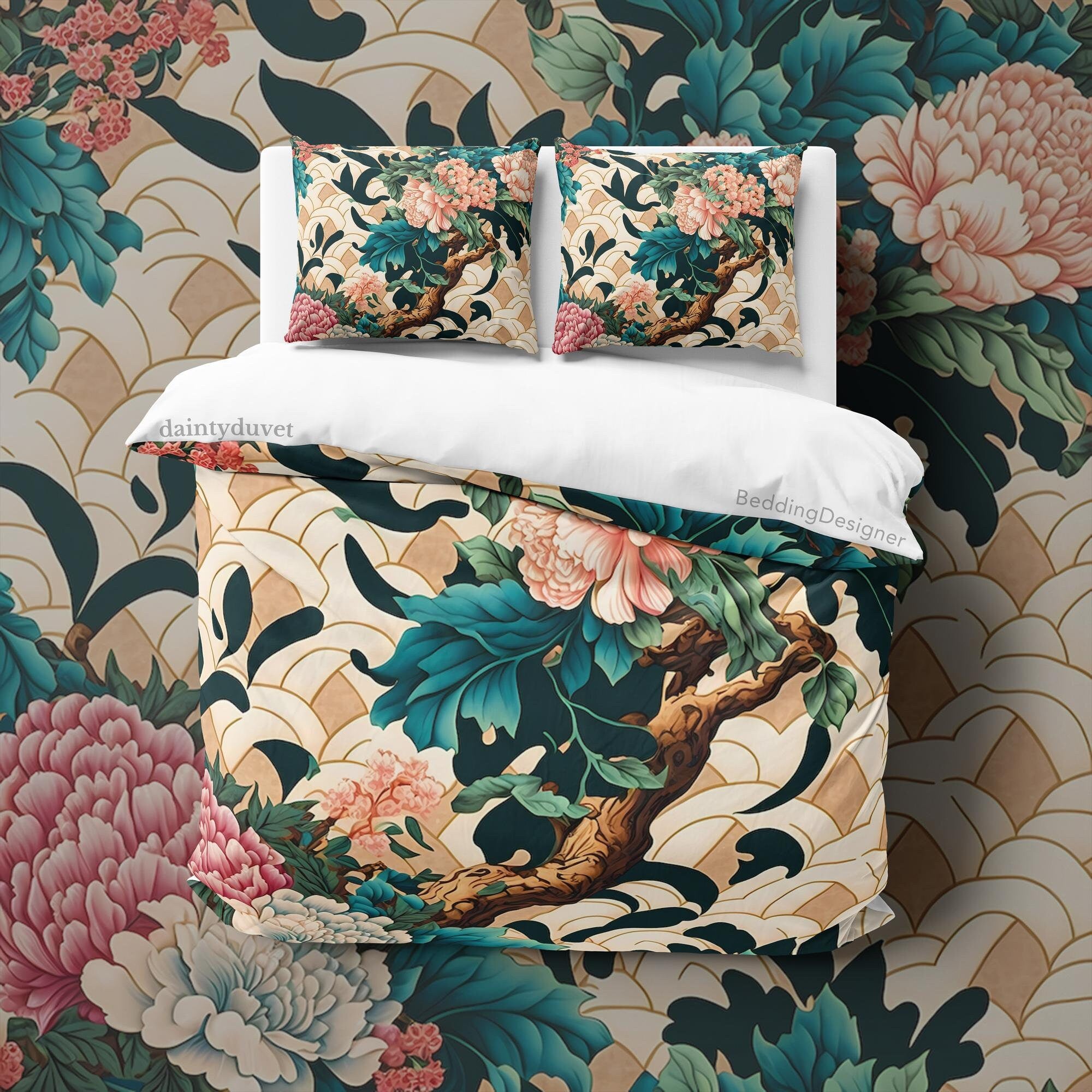 BeddingDesigner - Colorful Bonsai Quilt Cover Japanese Bedding Set, Cotton Duvet Cover Chrysanthemum Blanket Cover, Teens Bedroom Bedspread Unique Bed Cover