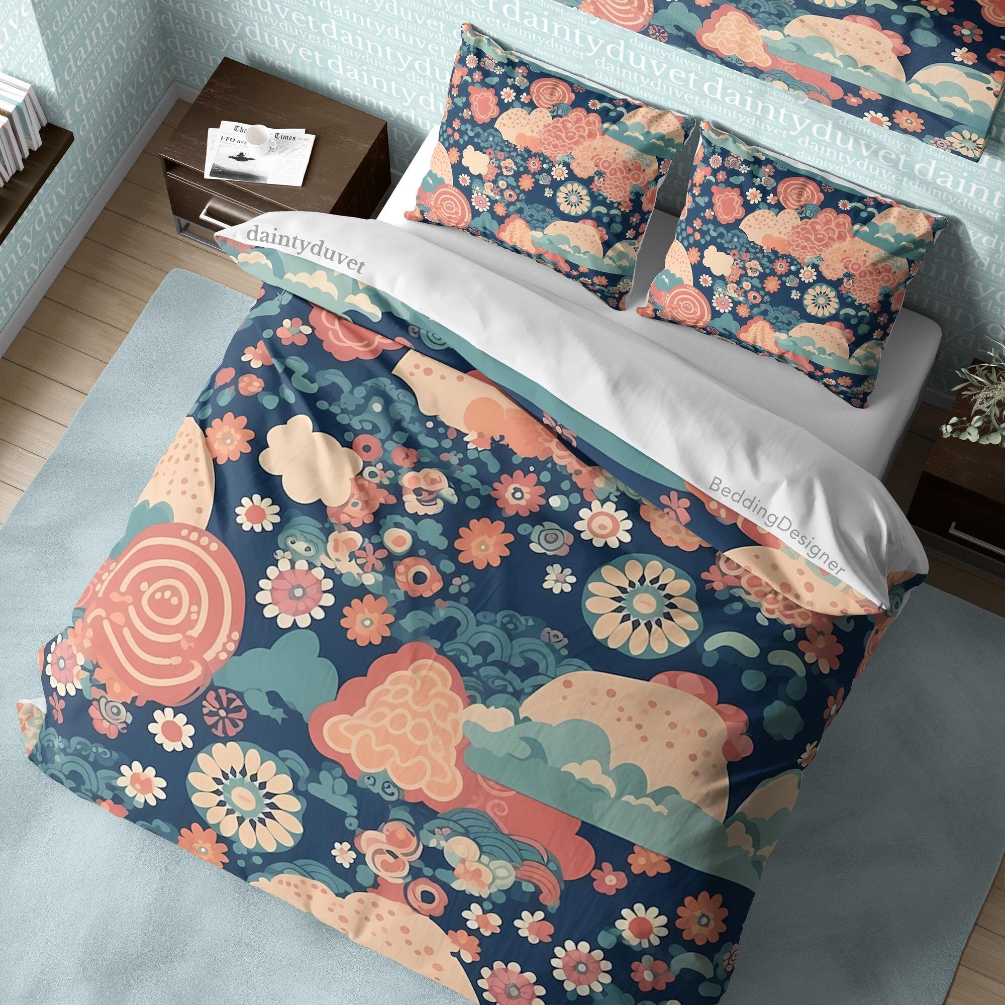 BeddingDesigner - Japanese Flower Duvet Covet Camellia Quilt Cover, Chrysanthemum Bedding Set Cherry Blossom Blanket Cover, Colorful Bedspread