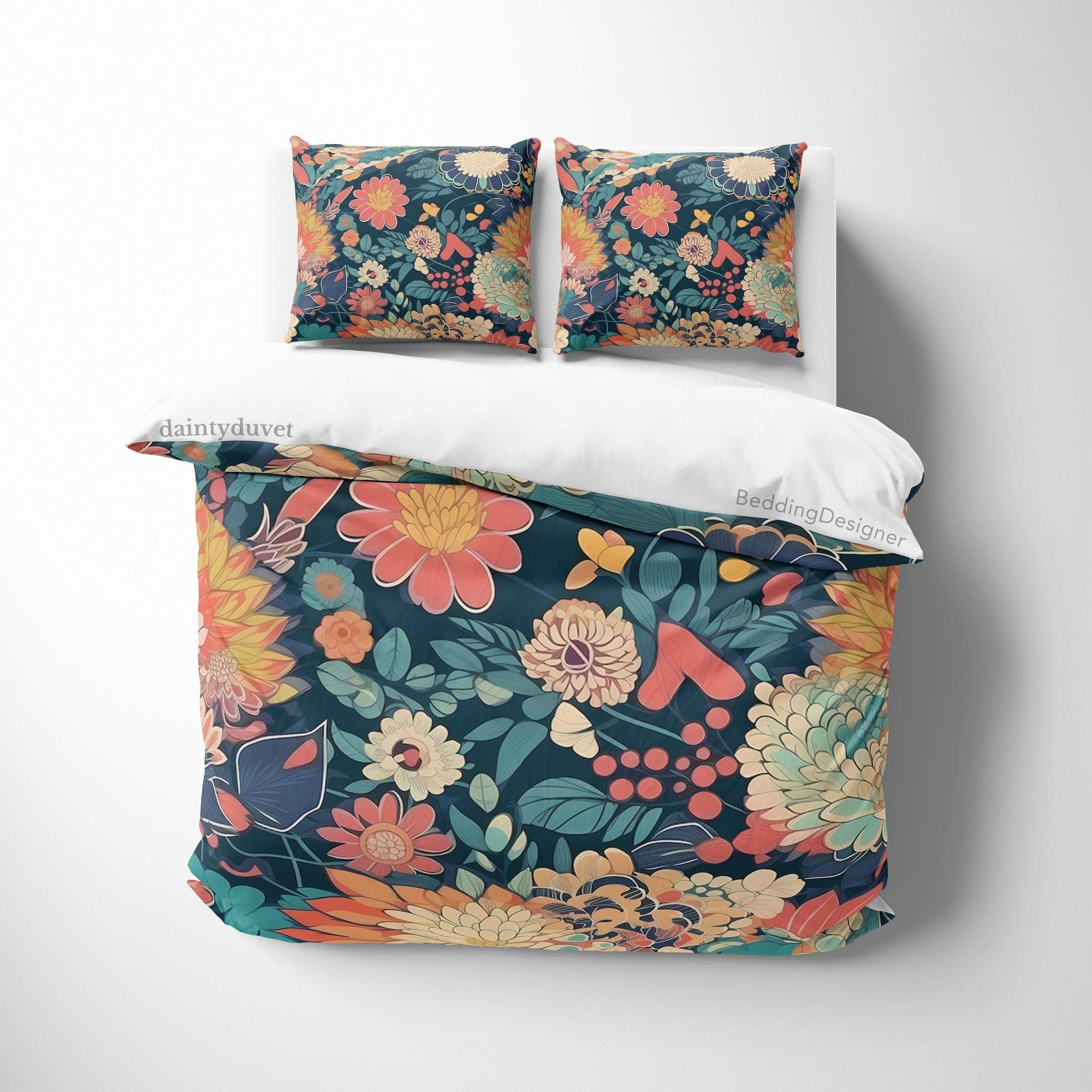 BeddingDesigner - Vintage Flower Quilt Cover Japanese Bedding Set, Cotton Duvet Cover Lotus Blanket Cover, Adults Bedroom Bedspread Colorful Bed Cover