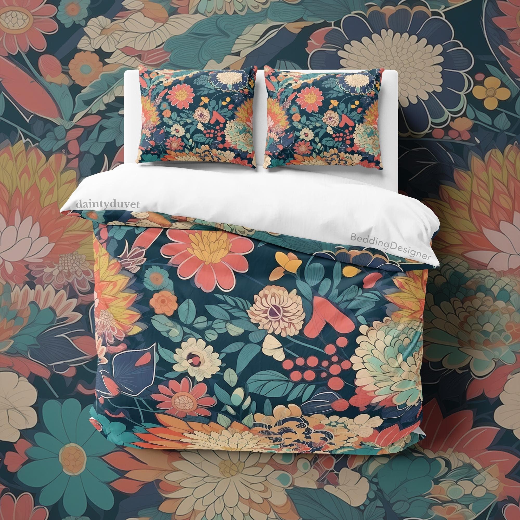 BeddingDesigner - Vintage Flower Quilt Cover Japanese Bedding Set, Cotton Duvet Cover Lotus Blanket Cover, Adults Bedroom Bedspread Colorful Bed Cover