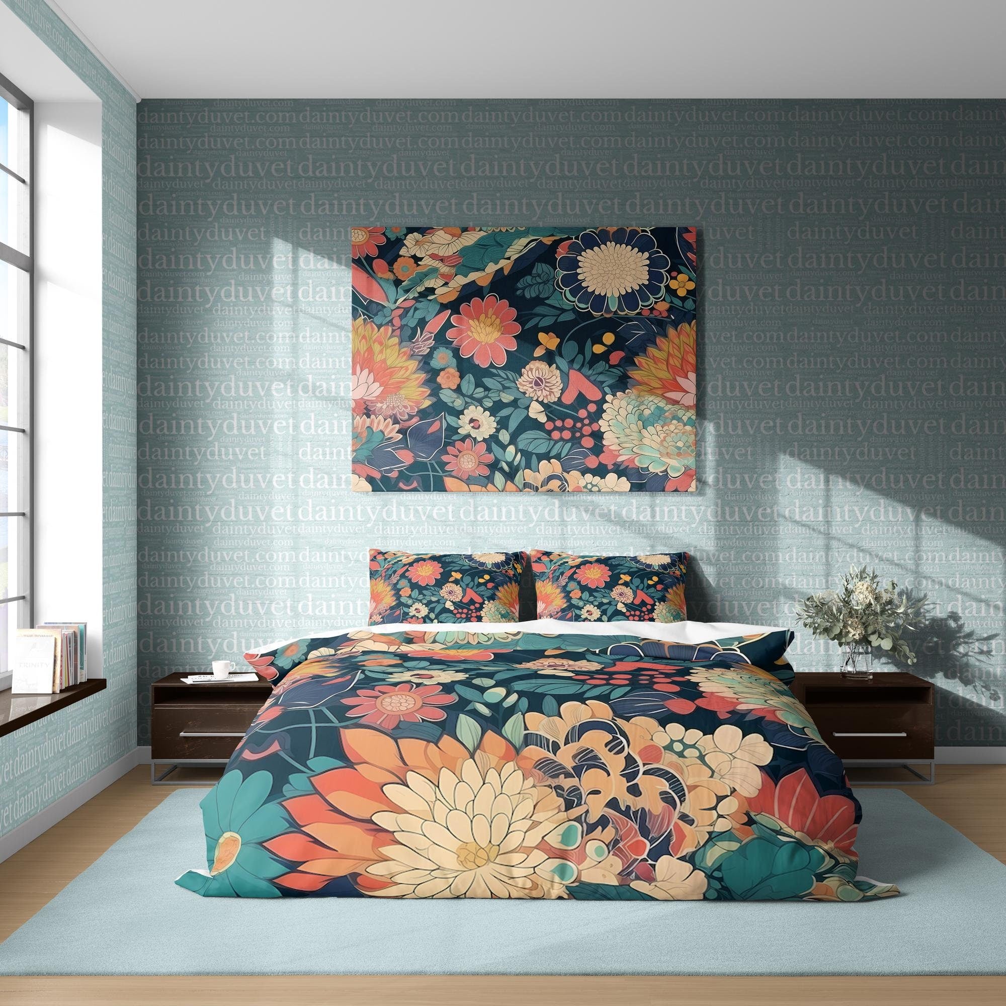 BeddingDesigner - Vintage Flower Quilt Cover Japanese Bedding Set, Cotton Duvet Cover Lotus Blanket Cover, Adults Bedroom Bedspread Colorful Bed Cover