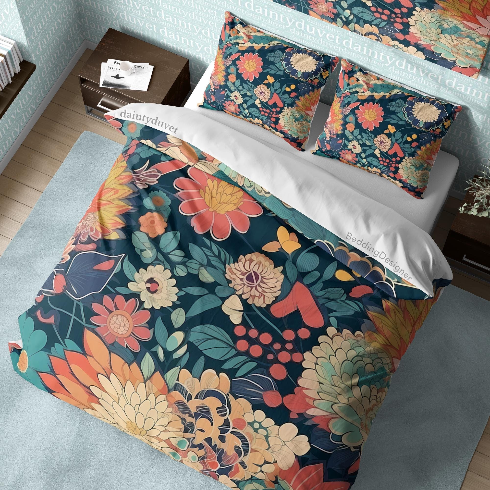 BeddingDesigner - Vintage Flower Quilt Cover Japanese Bedding Set, Cotton Duvet Cover Lotus Blanket Cover, Adults Bedroom Bedspread Colorful Bed Cover