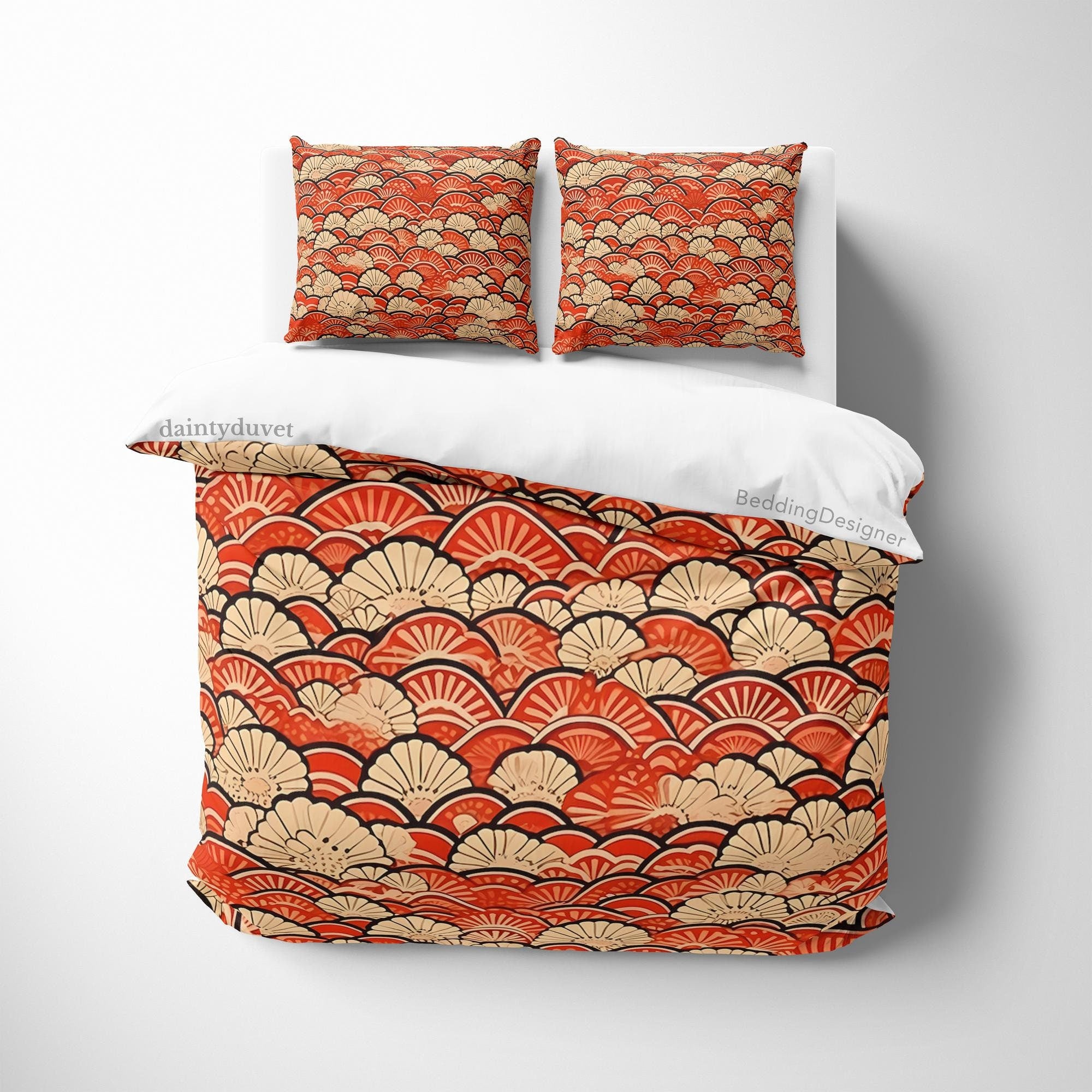 BeddingDesigner - Orange Oriental Pattern Duvet Cover Japanese Quilt Cover, Teens Bedroom Bedding Set Vibrant Color Blanket Cover, Reversible Bed Cover