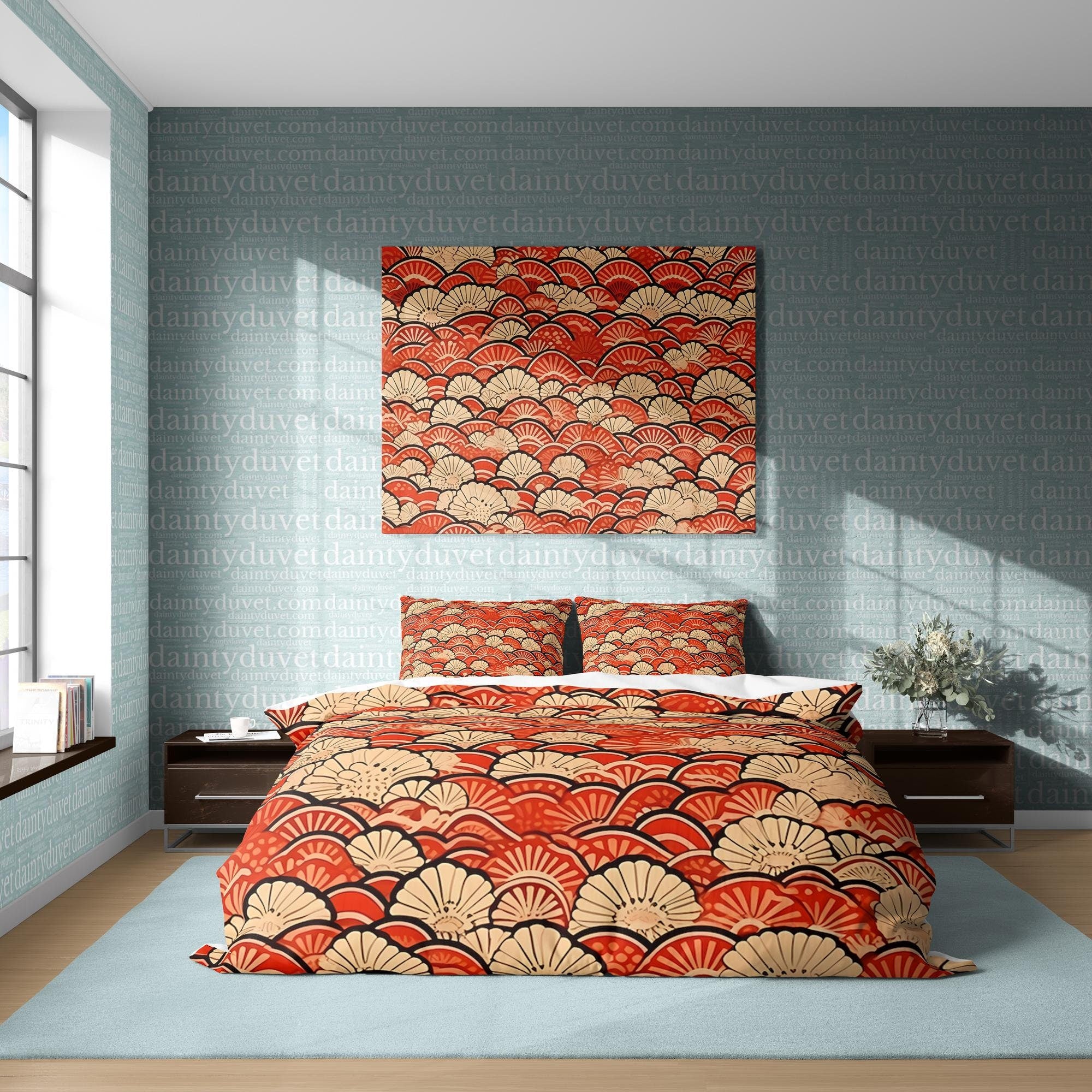 BeddingDesigner - Orange Oriental Pattern Duvet Cover Japanese Quilt Cover, Teens Bedroom Bedding Set Vibrant Color Blanket Cover, Reversible Bed Cover