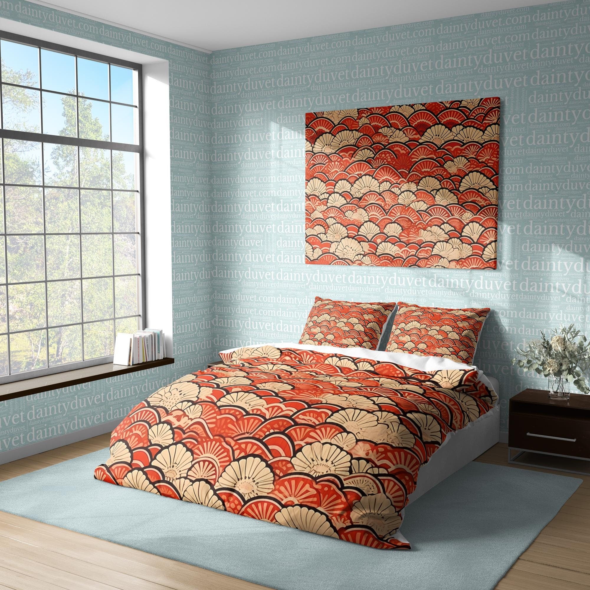 BeddingDesigner - Orange Oriental Pattern Duvet Cover Japanese Quilt Cover, Teens Bedroom Bedding Set Vibrant Color Blanket Cover, Reversible Bed Cover