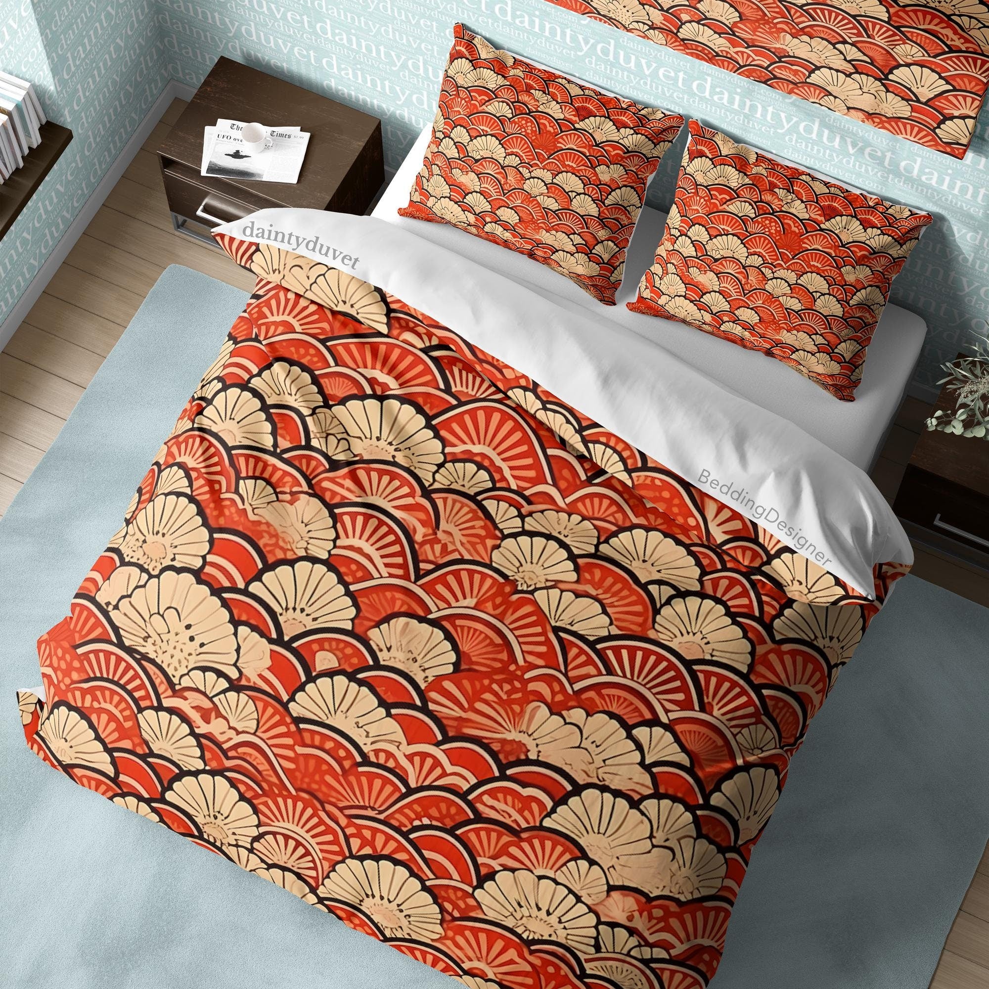 BeddingDesigner - Orange Oriental Pattern Duvet Cover Japanese Quilt Cover, Teens Bedroom Bedding Set Vibrant Color Blanket Cover, Reversible Bed Cover