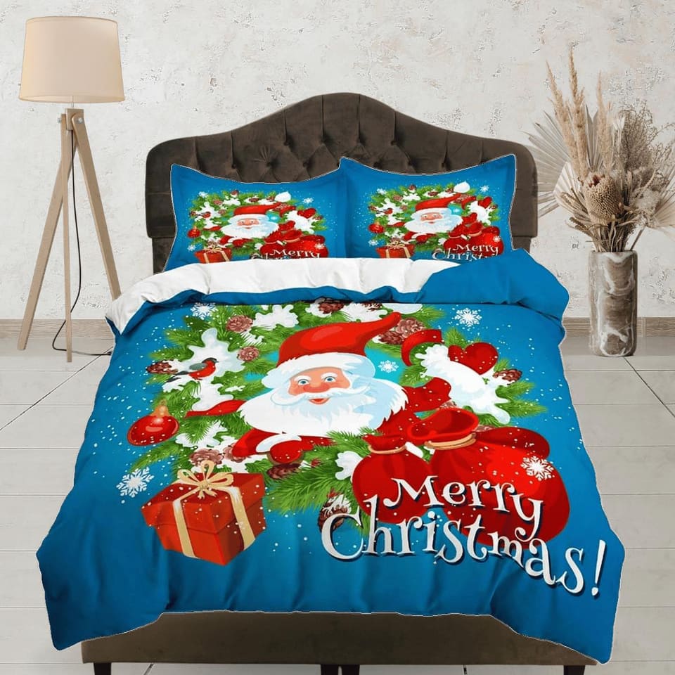 1950s christmas blue duvet cover set, christmas full size bedding & pillowcase, college bedding, toddler bedding, holiday…
