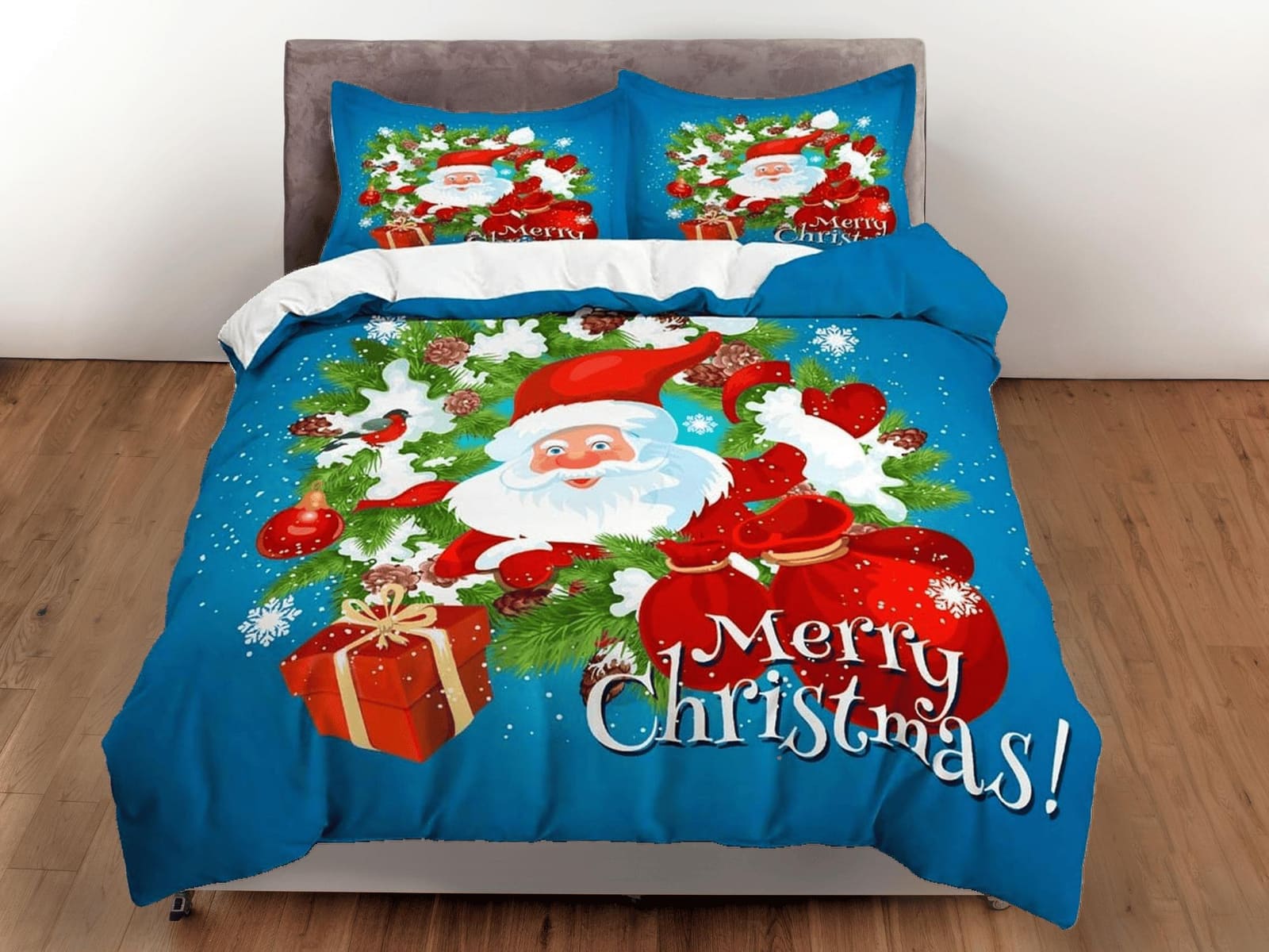 1950s christmas blue duvet cover set, christmas full size bedding & pillowcase, college bedding, toddler bedding, holiday…