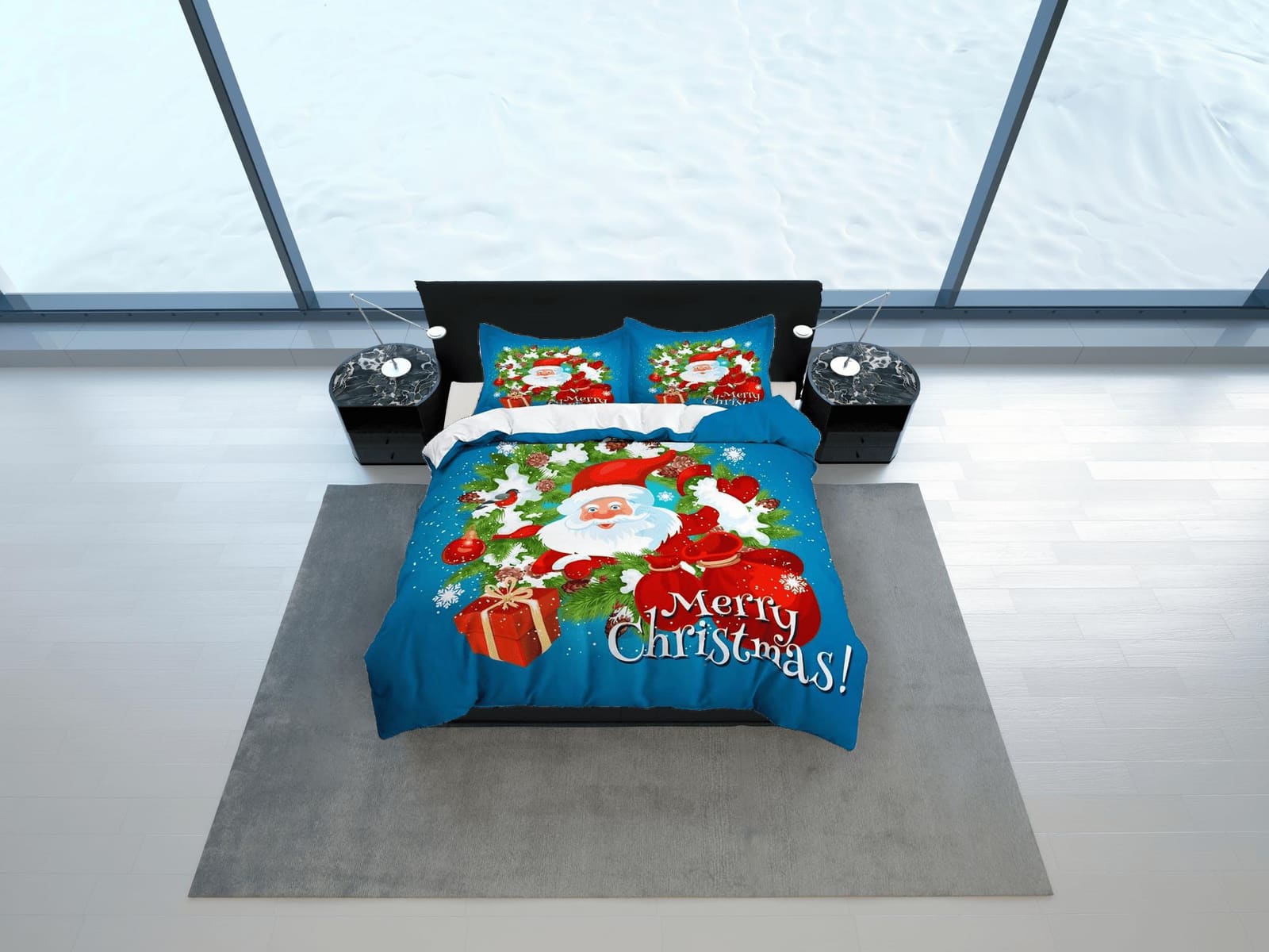 1950s christmas blue duvet cover set, christmas full size bedding & pillowcase, college bedding, toddler bedding, holiday…
