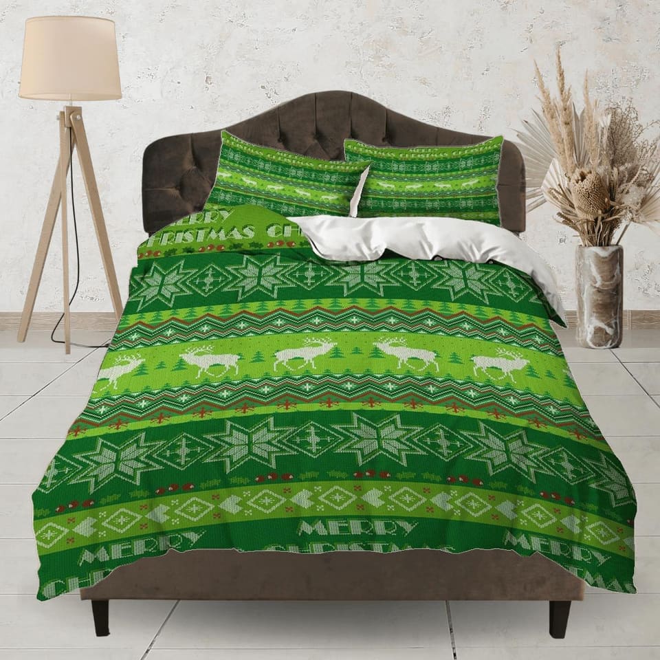1950s Christmas pattern green bedding & pillowcase holiday gift duvet cover king queen twin toddler bedding baby Christmas…