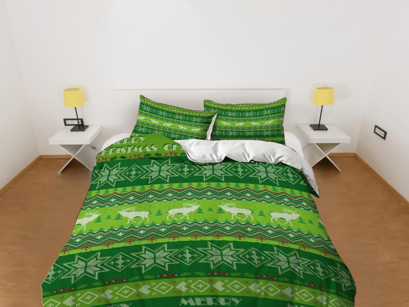 1950s Christmas pattern green bedding & pillowcase holiday gift duvet cover king queen twin toddler bedding baby Christmas…