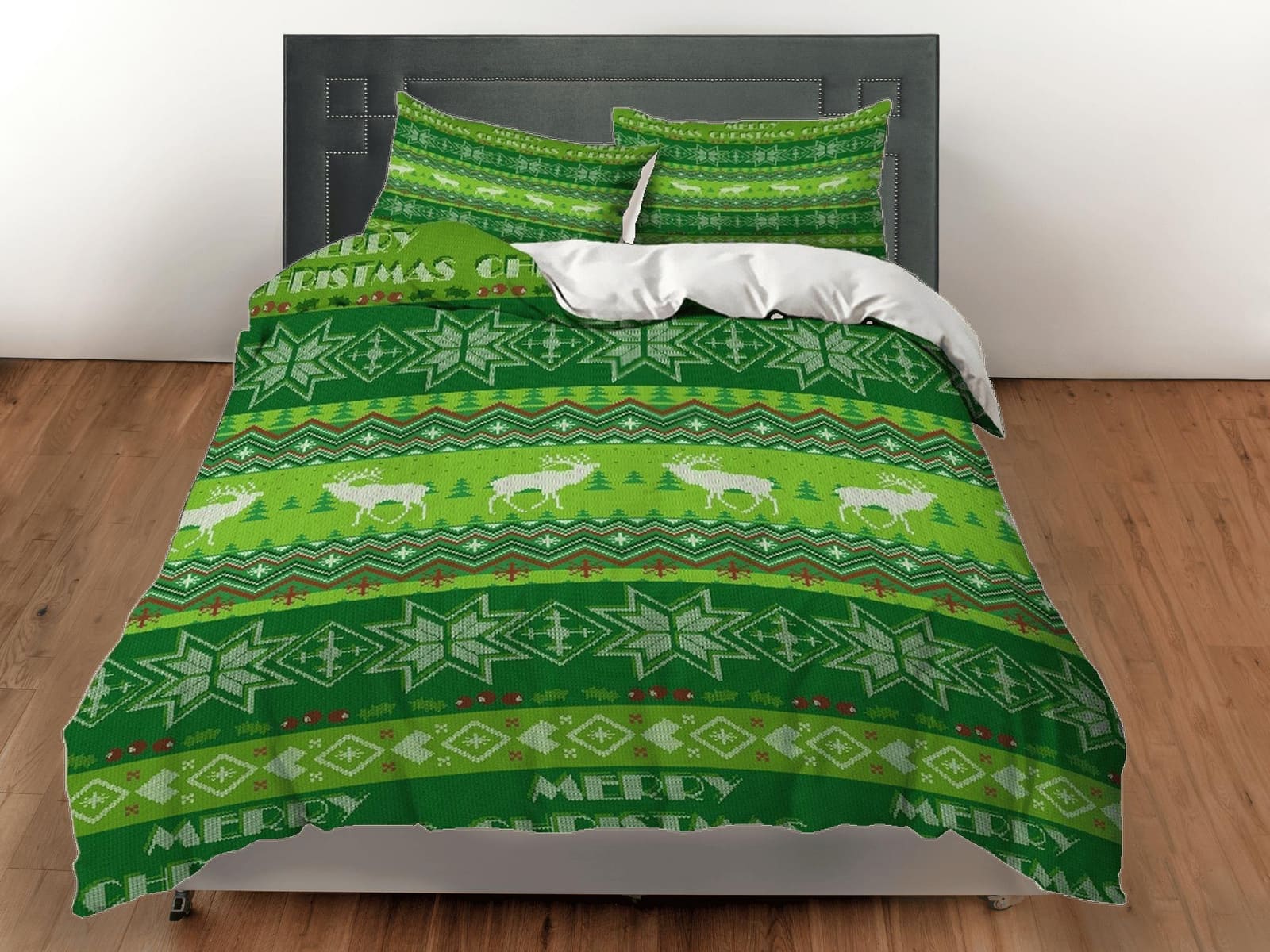1950s Christmas pattern green bedding & pillowcase holiday gift duvet cover king queen twin toddler bedding baby Christmas…