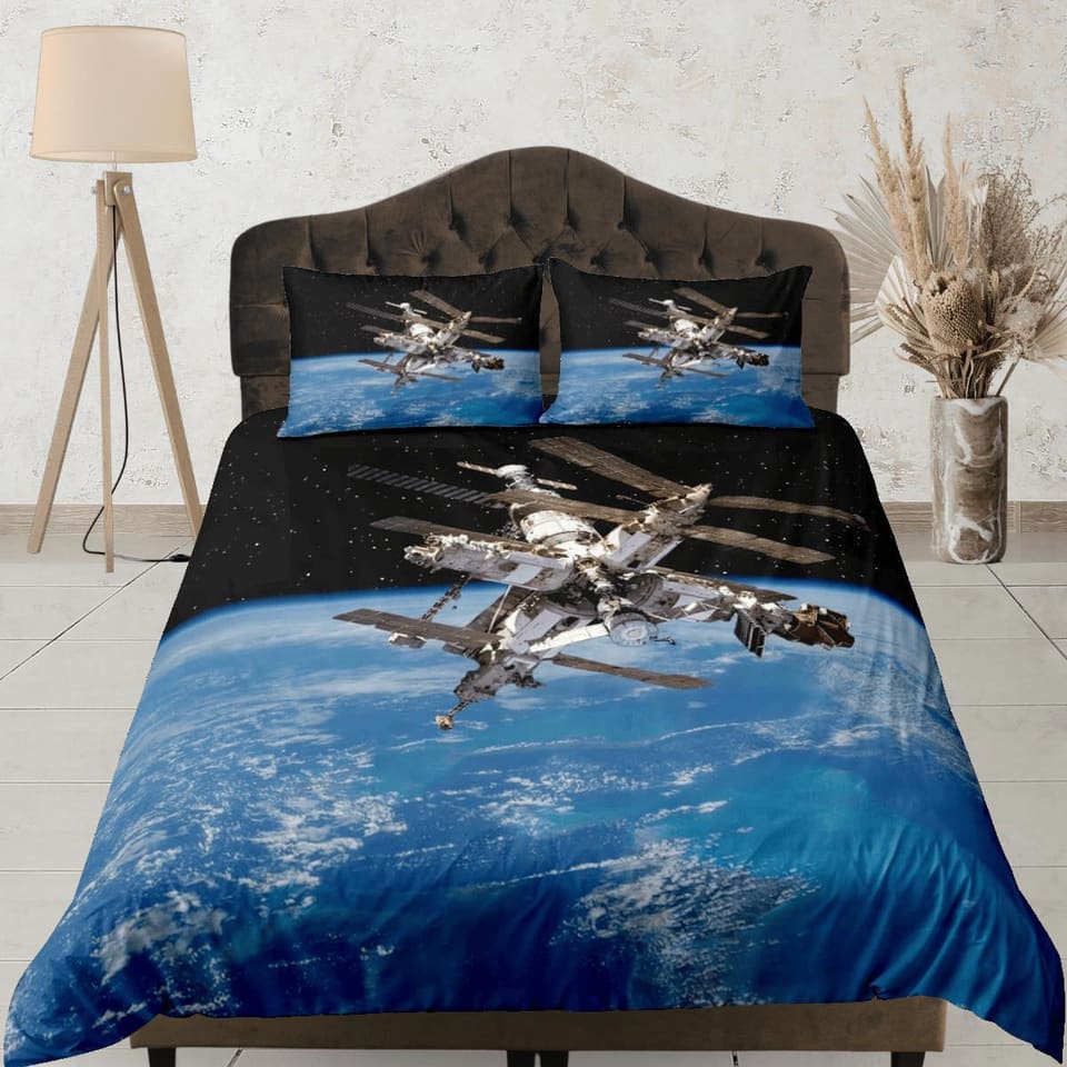 3D satellite outer space bedding, galaxy bedding set full, cosmic duvet cover king, queen, dorm bedding, toddler bedding a…