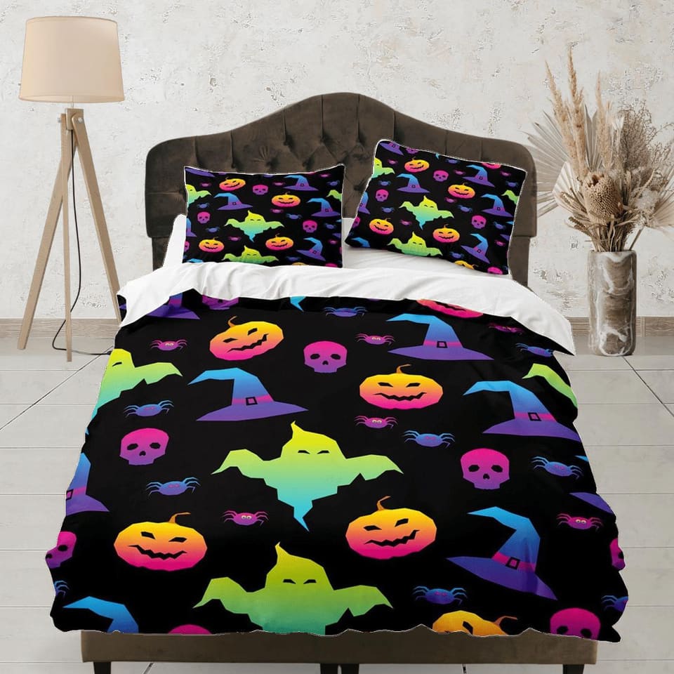 90s neon cute halloween full bedding & pillowcase, duvet cover set dorm bedding, halloween decor, nursery toddler bedding,…