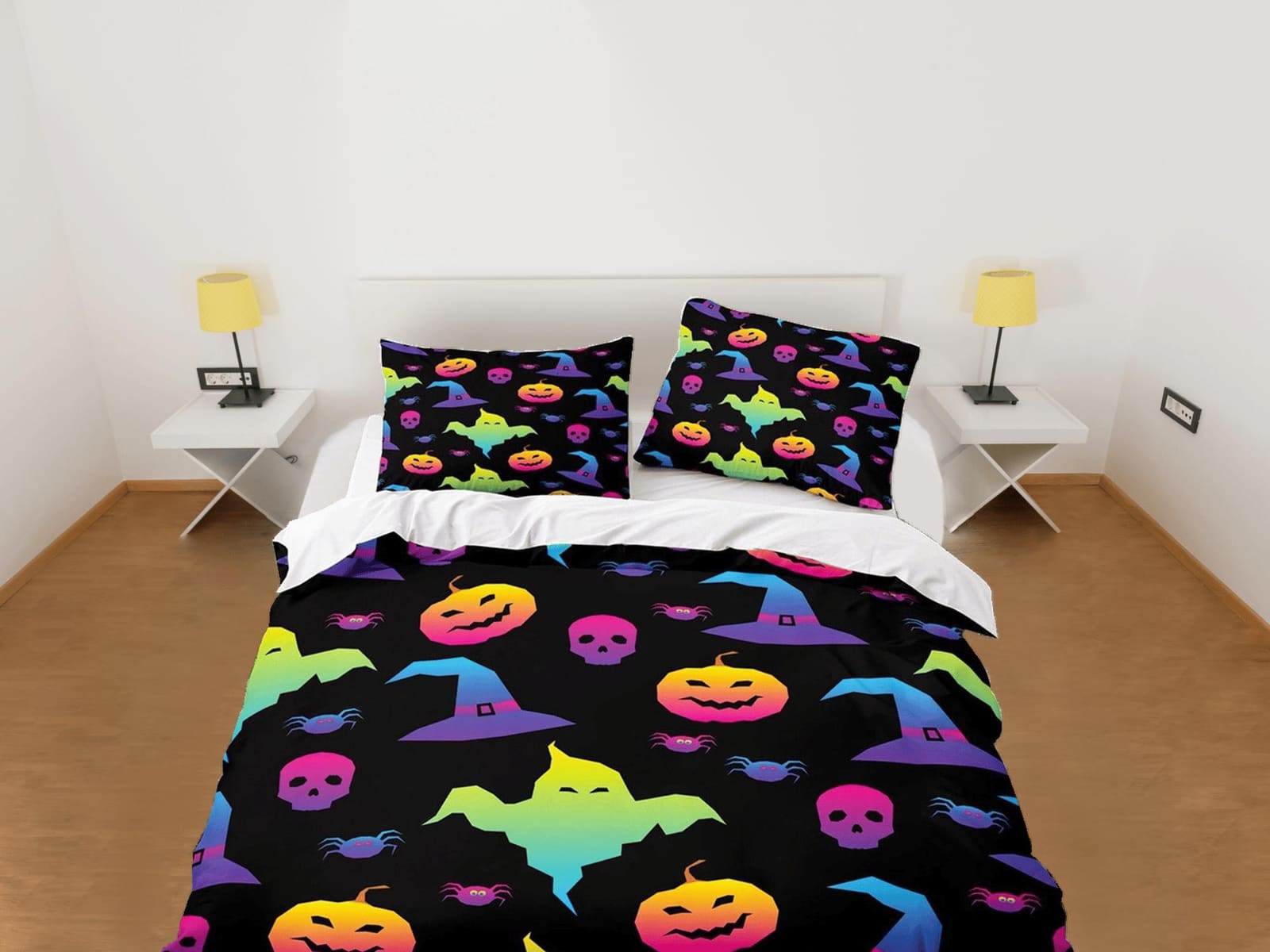 90s neon cute halloween full bedding & pillowcase, duvet cover set dorm bedding, halloween decor, nursery toddler bedding,…