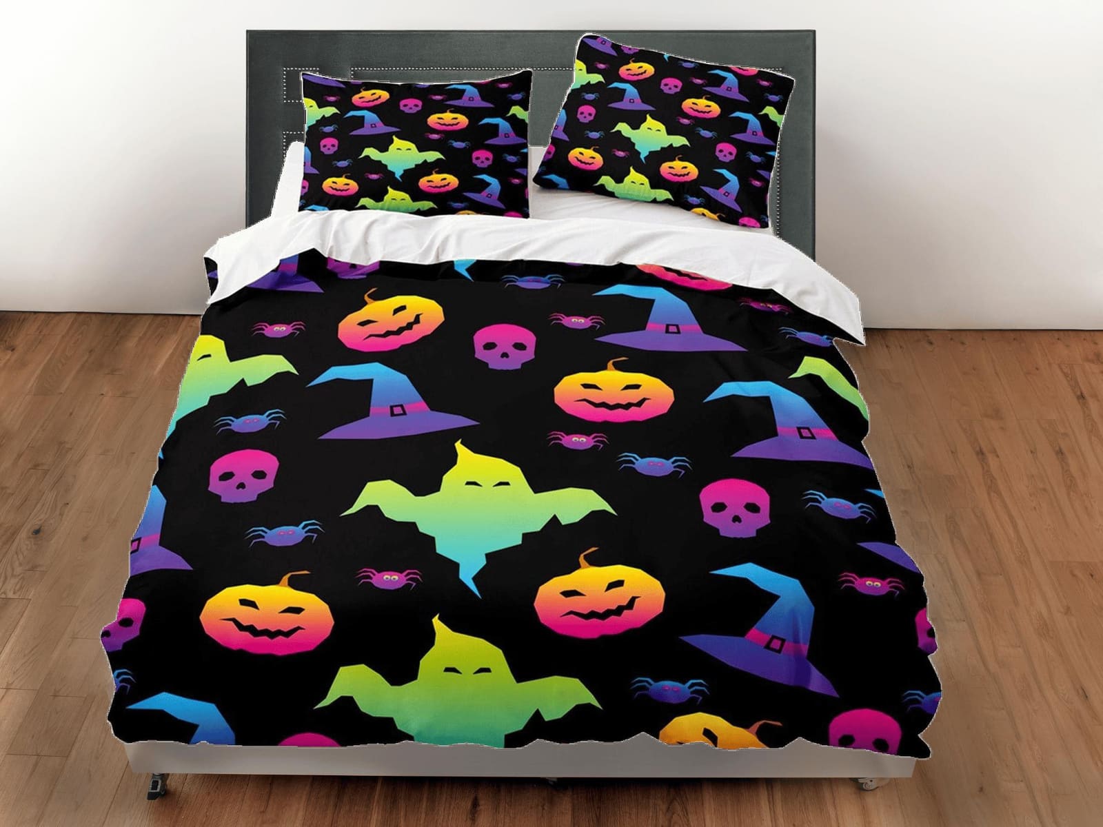 90s neon cute halloween full bedding & pillowcase, duvet cover set dorm bedding, halloween decor, nursery toddler bedding,…