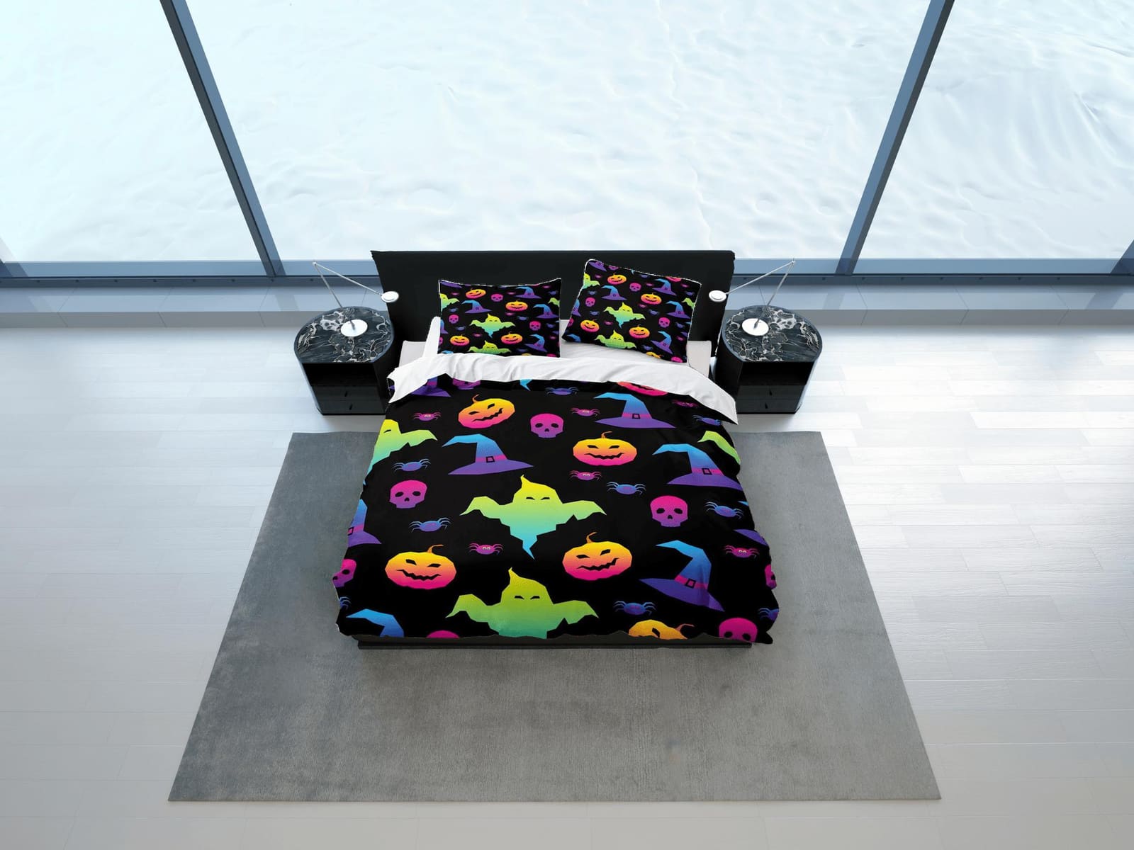 90s neon cute halloween full bedding & pillowcase, duvet cover set dorm bedding, halloween decor, nursery toddler bedding,…