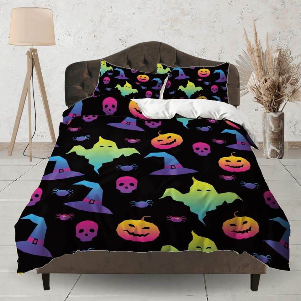 90s neon halloween bedding & pillowcase, gothic duvet cover, dorm bedding, halloween decor goth bedding, halloween gift, t…