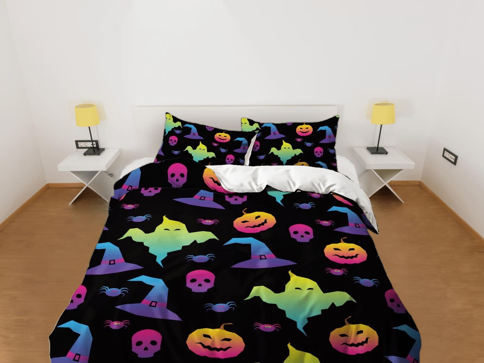 90s neon halloween bedding & pillowcase, gothic duvet cover, dorm bedding, halloween decor goth bedding, halloween gift, t…