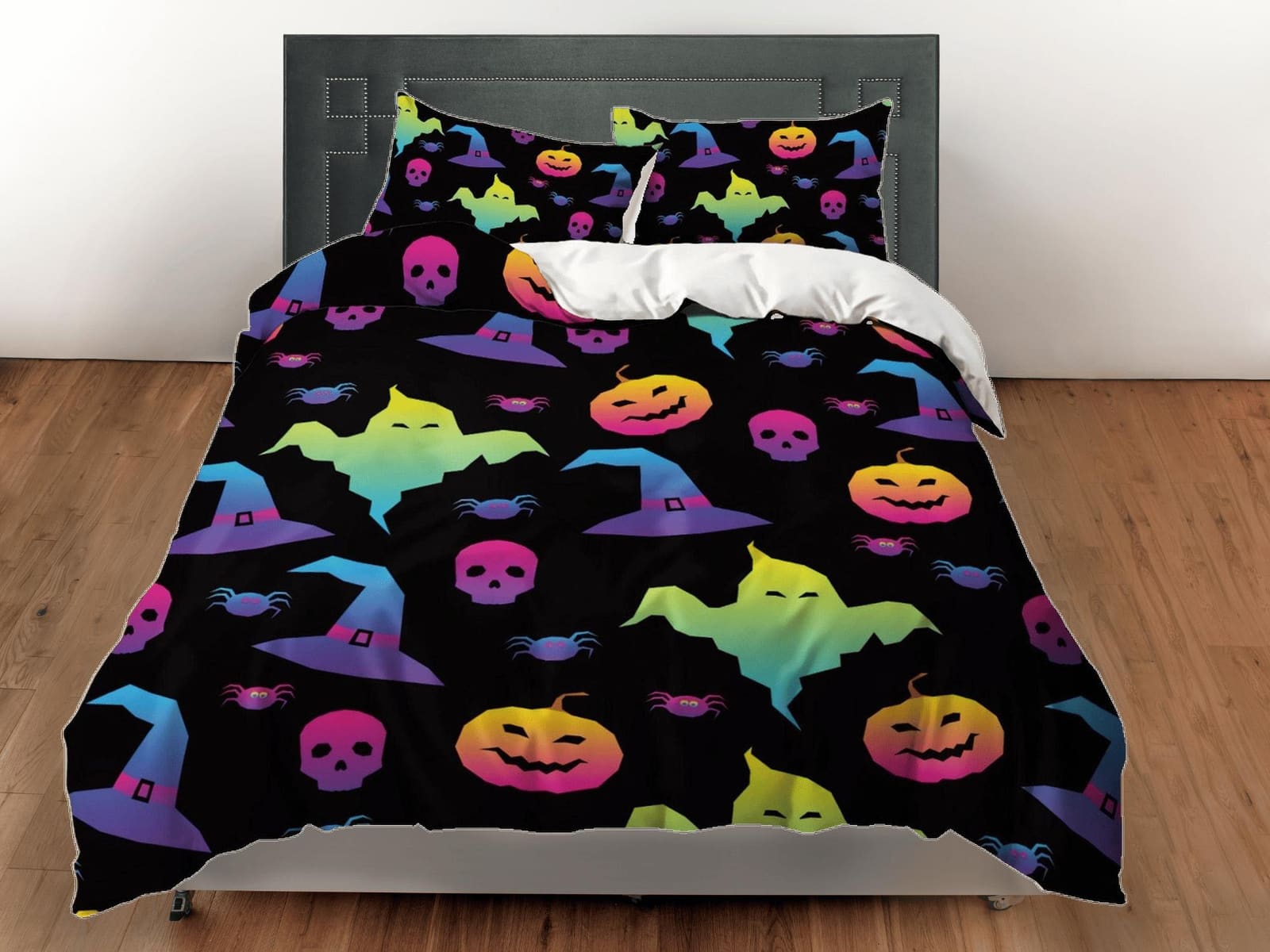 90s neon halloween bedding & pillowcase, gothic duvet cover, dorm bedding, halloween decor goth bedding, halloween gift, t…