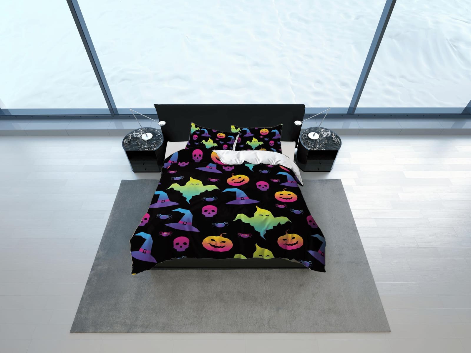 90s neon halloween bedding & pillowcase, gothic duvet cover, dorm bedding, halloween decor goth bedding, halloween gift, t…