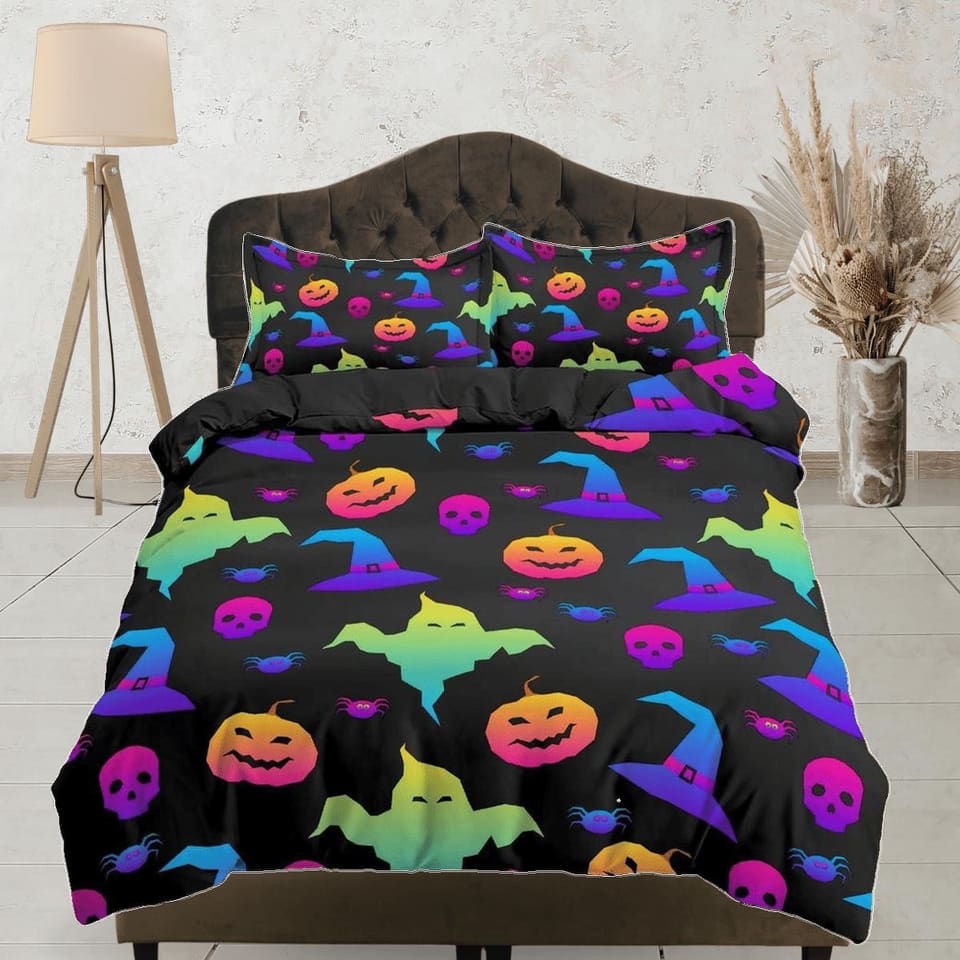 90s neon retro halloween bedding & pillowcase, pumpkin duvet cover set dorm bedding halloween decor, nursery toddler beddi…