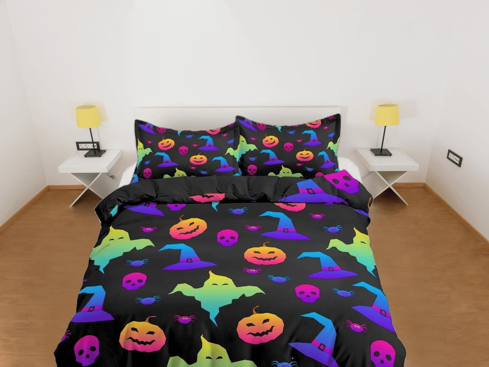 90s neon retro halloween bedding & pillowcase, pumpkin duvet cover set dorm bedding halloween decor, nursery toddler beddi…