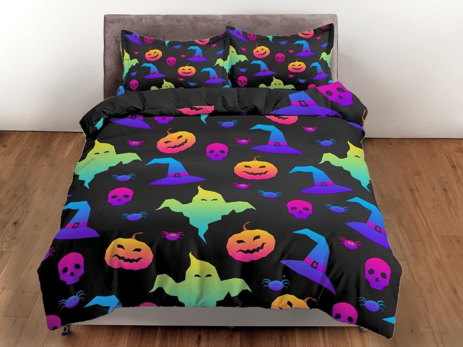 90s neon retro halloween bedding & pillowcase, pumpkin duvet cover set dorm bedding halloween decor, nursery toddler beddi…