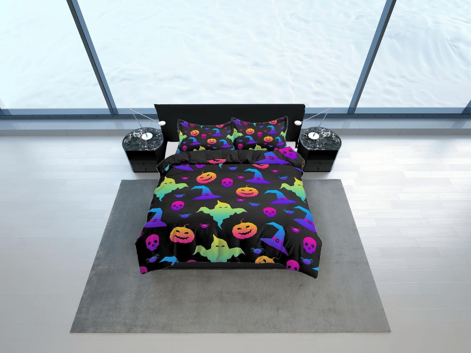 90s neon retro halloween bedding & pillowcase, pumpkin duvet cover set dorm bedding halloween decor, nursery toddler beddi…