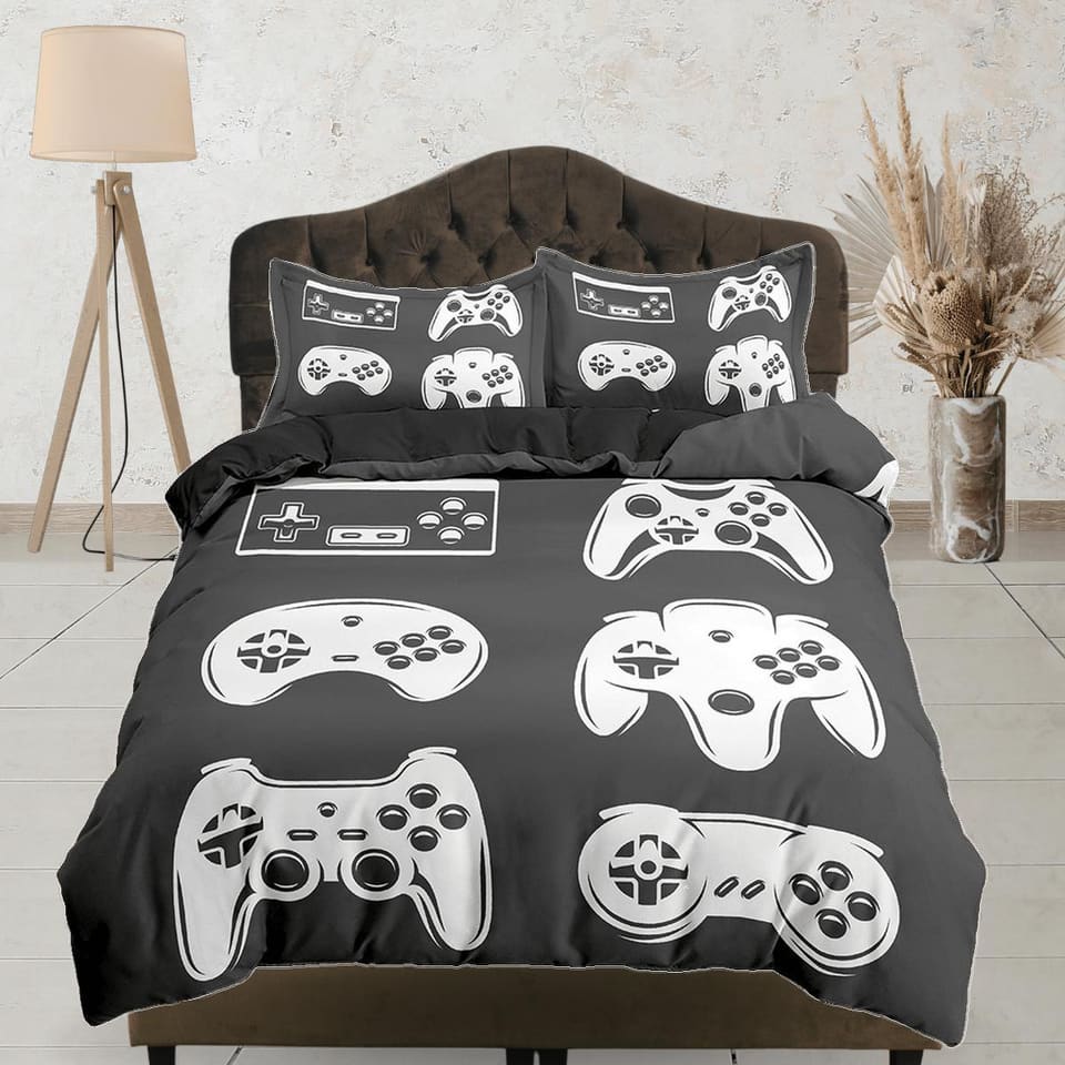 90s nostalgia gamer bedding black and white duvet cover, video gamer boyfriend gift bedding set full king queen, boys bedr…
