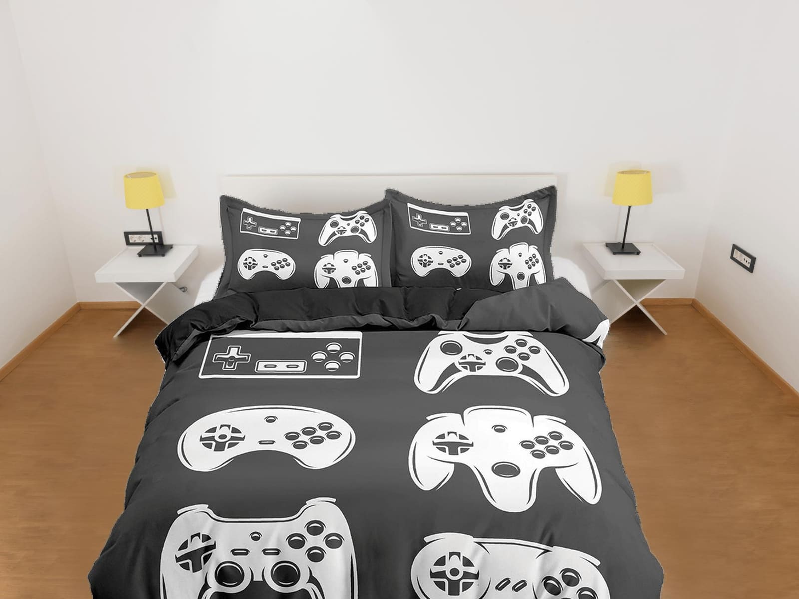 90s nostalgia gamer bedding black and white duvet cover, video gamer boyfriend gift bedding set full king queen, boys bedr…
