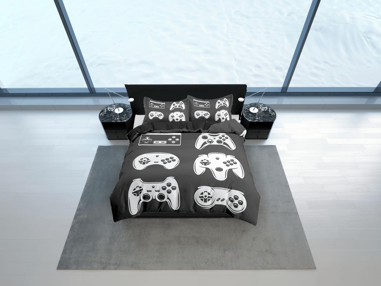 90s nostalgia gamer bedding black and white duvet cover, video gamer boyfriend gift bedding set full king queen, boys bedr…