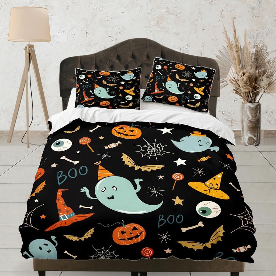 90s nostalgia halloween bedding & pillowcase, black duvet cover set dorm bedding, retro halloween, nursery toddler bedding…