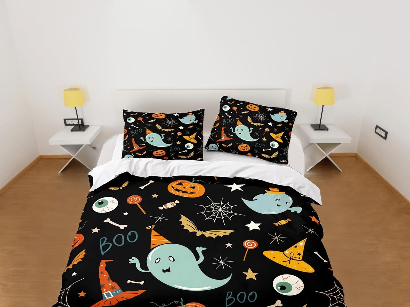 90s nostalgia halloween bedding & pillowcase, black duvet cover set dorm bedding, retro halloween, nursery toddler bedding…